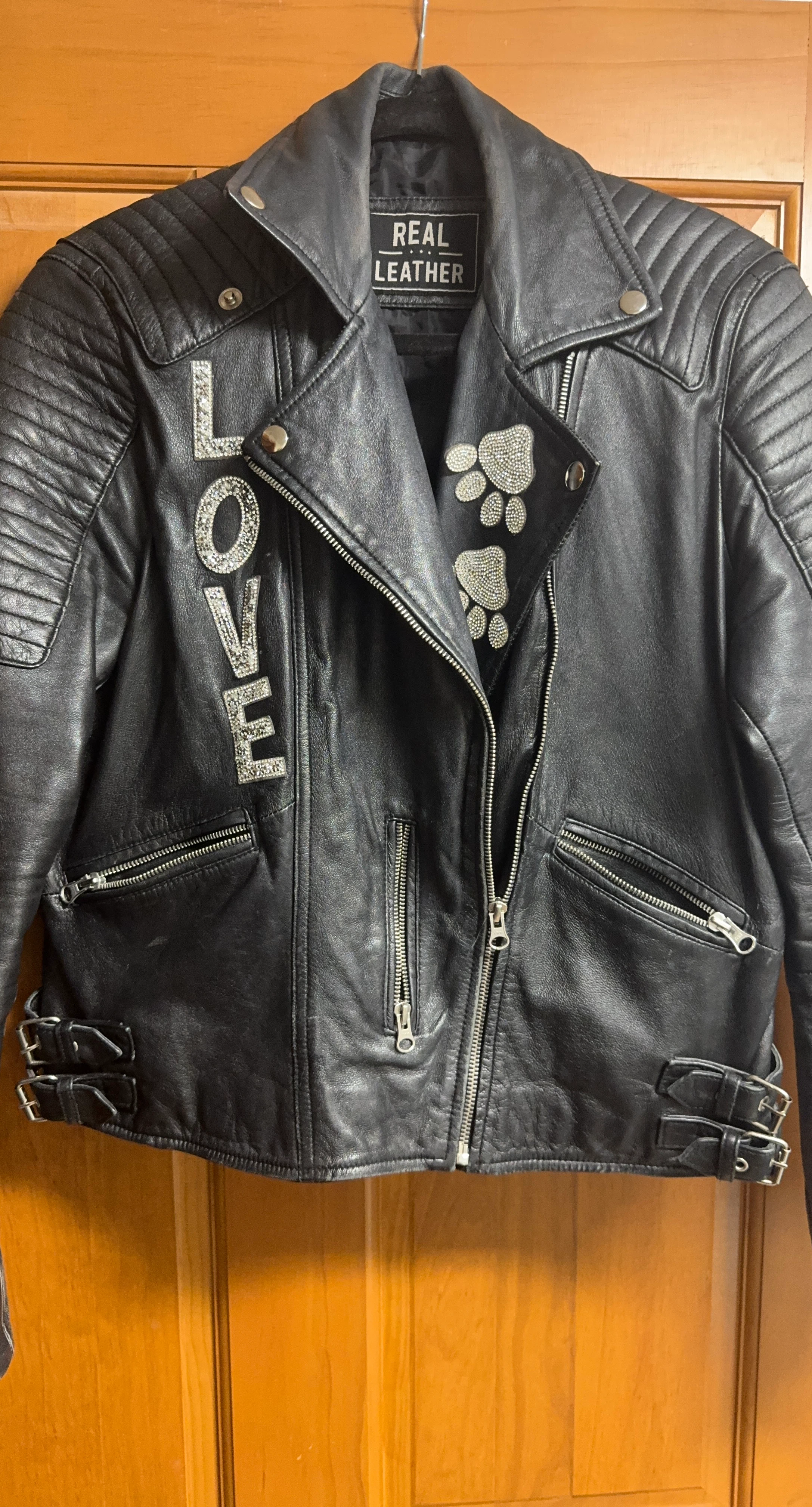 Black "LOVE" Leather Biker Jacket with Paw Print Embellishments