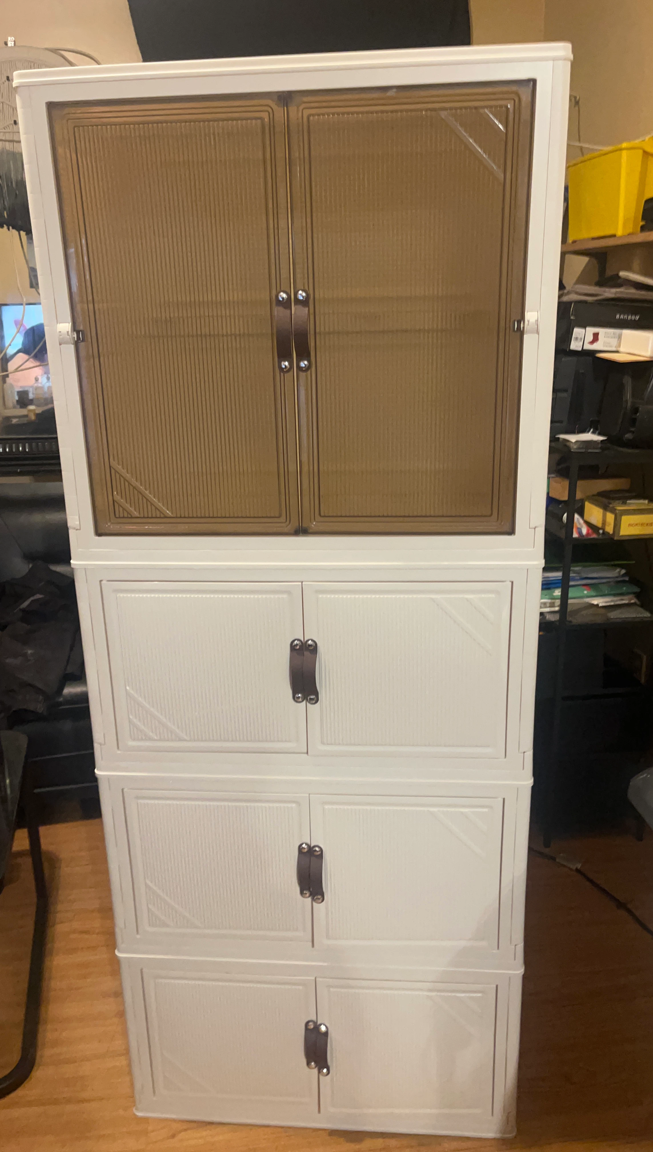 Tall White Storage Cabinet with Brown Doors