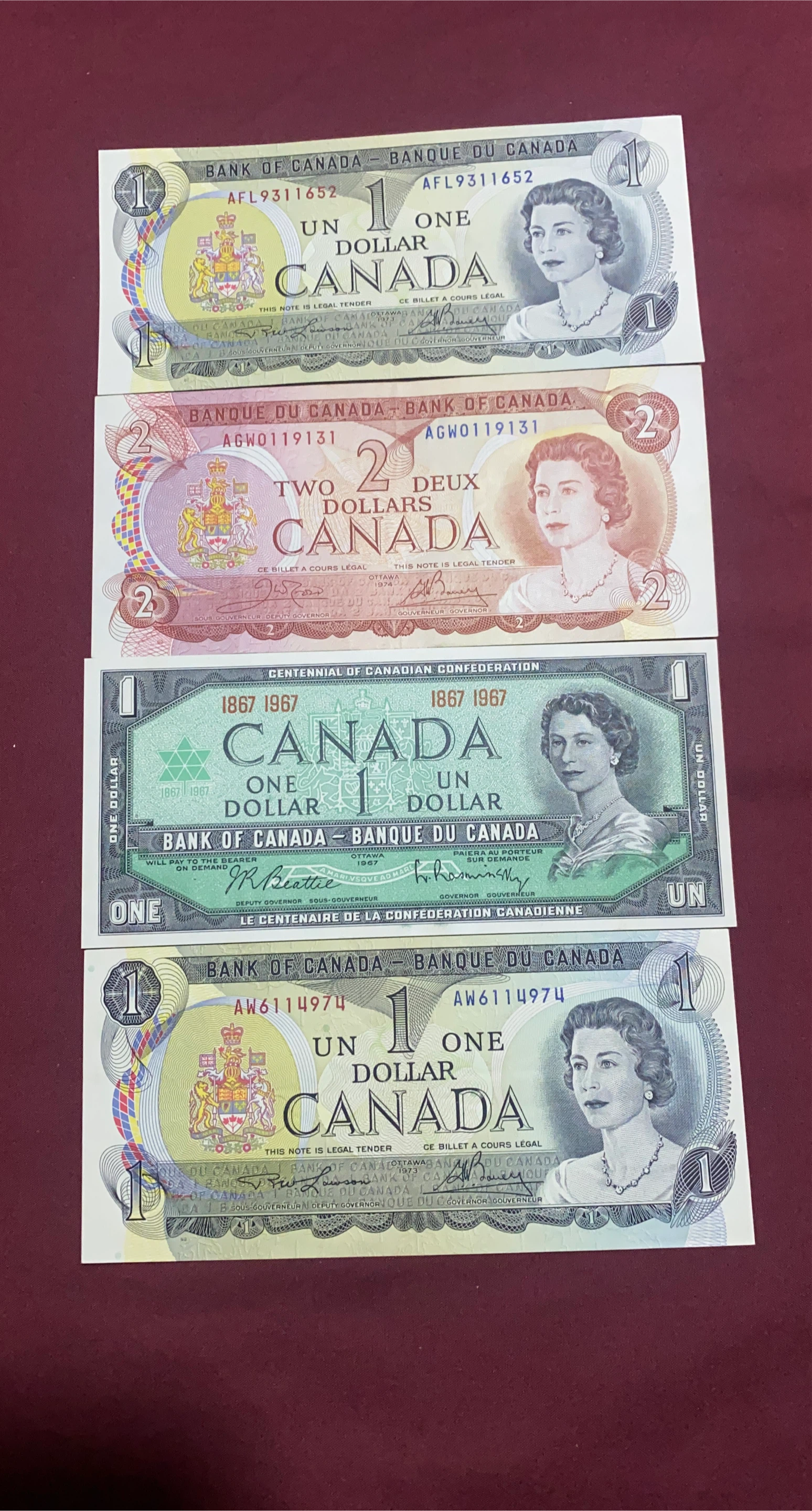 Collection of Canadian Banknotes: 1 Dollar and 2 Dollar Bills