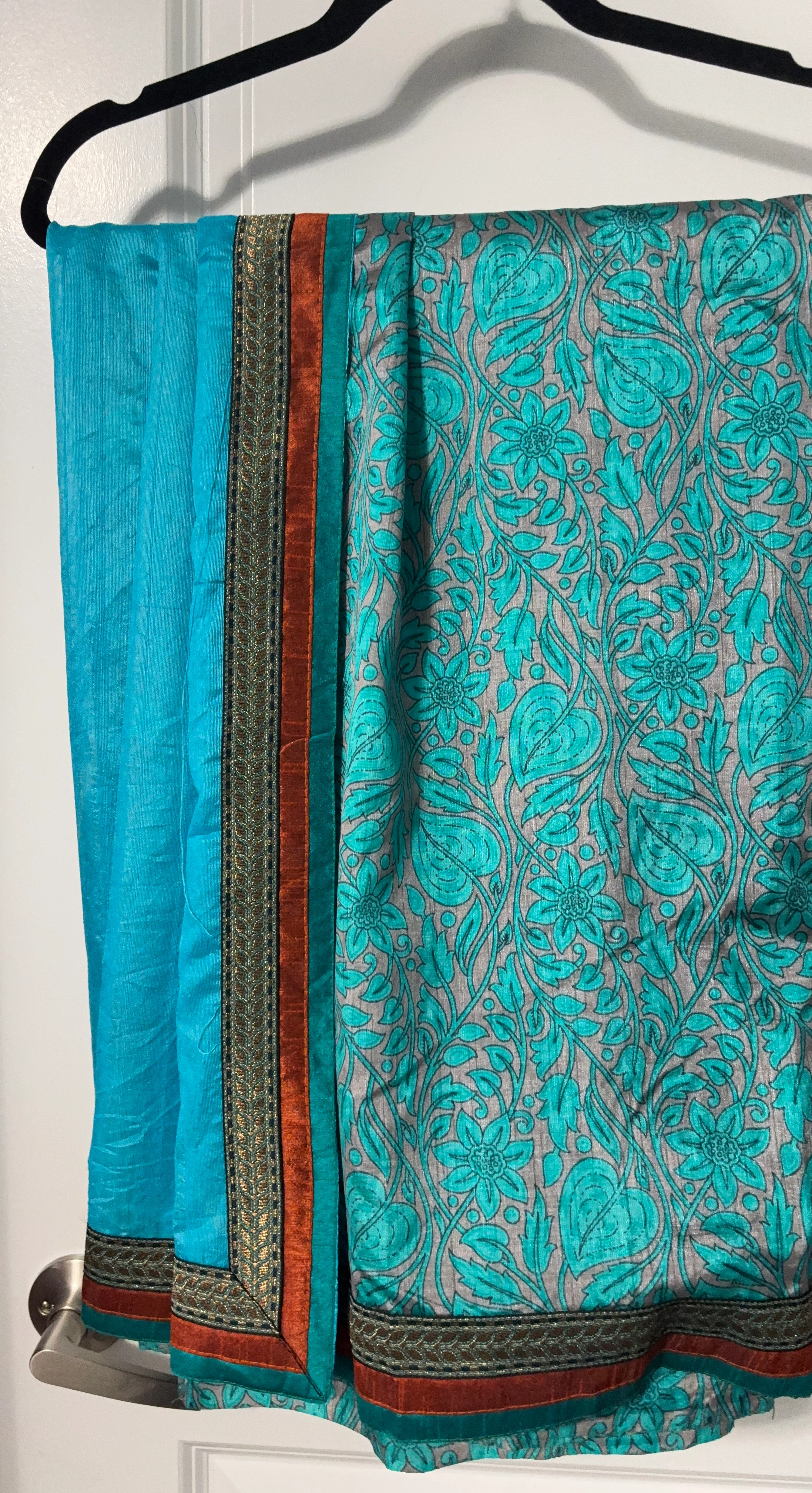 Turquoise and Grey Floral Saree