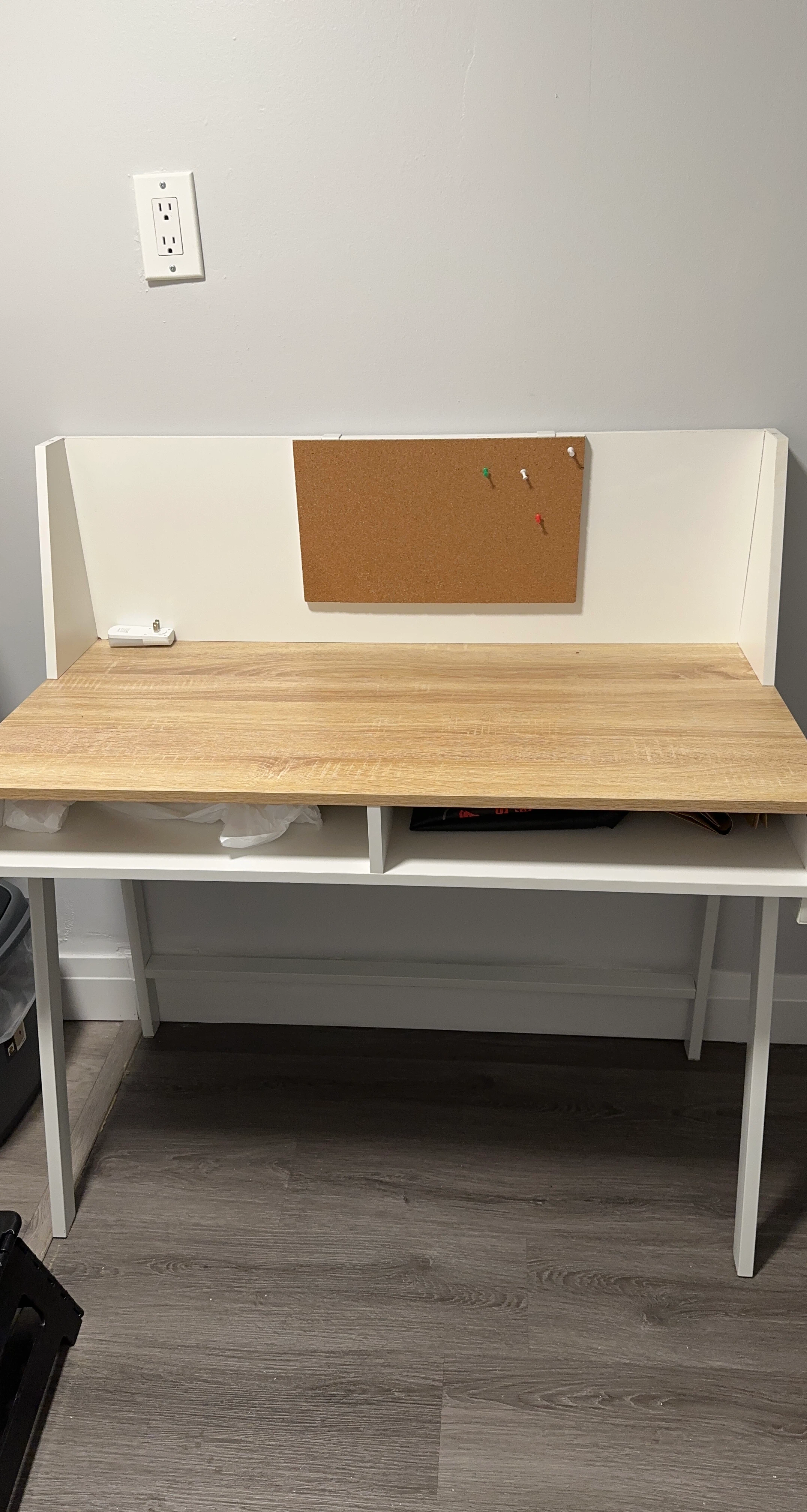 Wood and White Desk with Cork Board