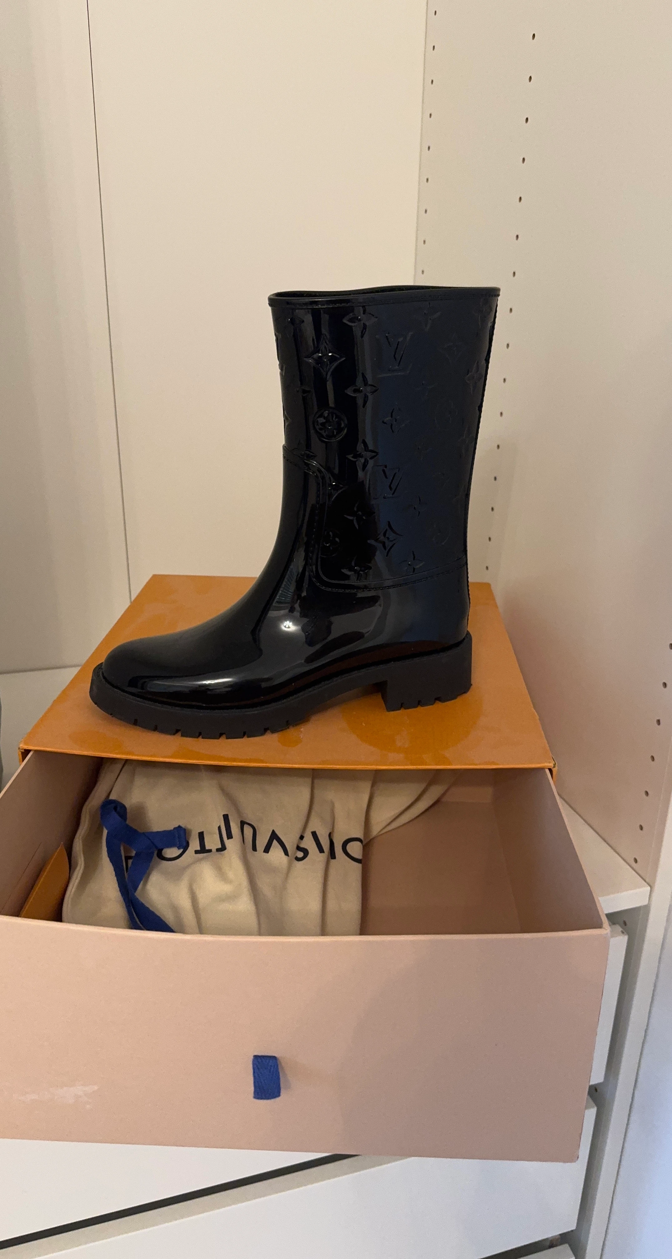 Louis Vuitton Black Patent Monogram Rain Boots