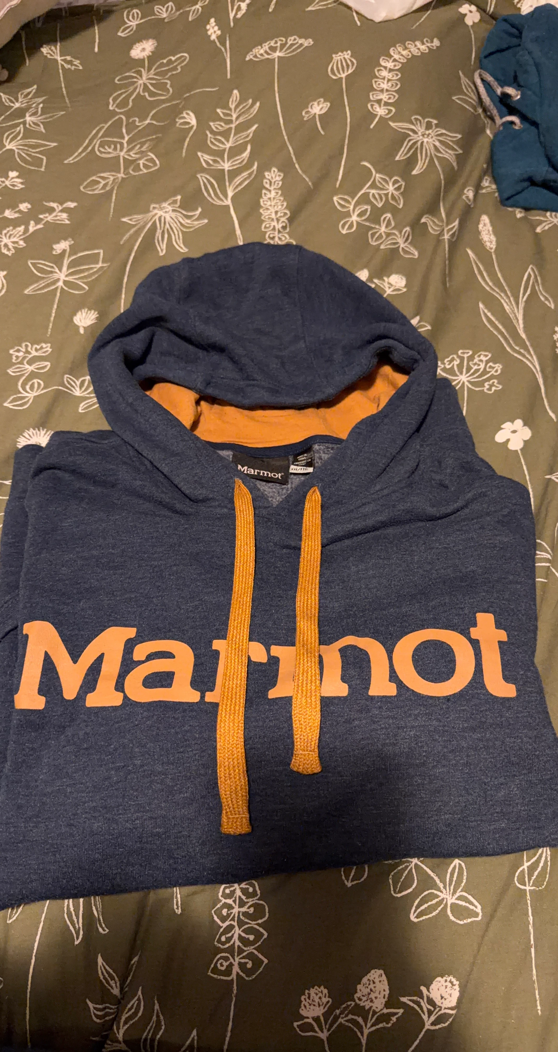 Marmot Blue Hoodie with Orange Logo