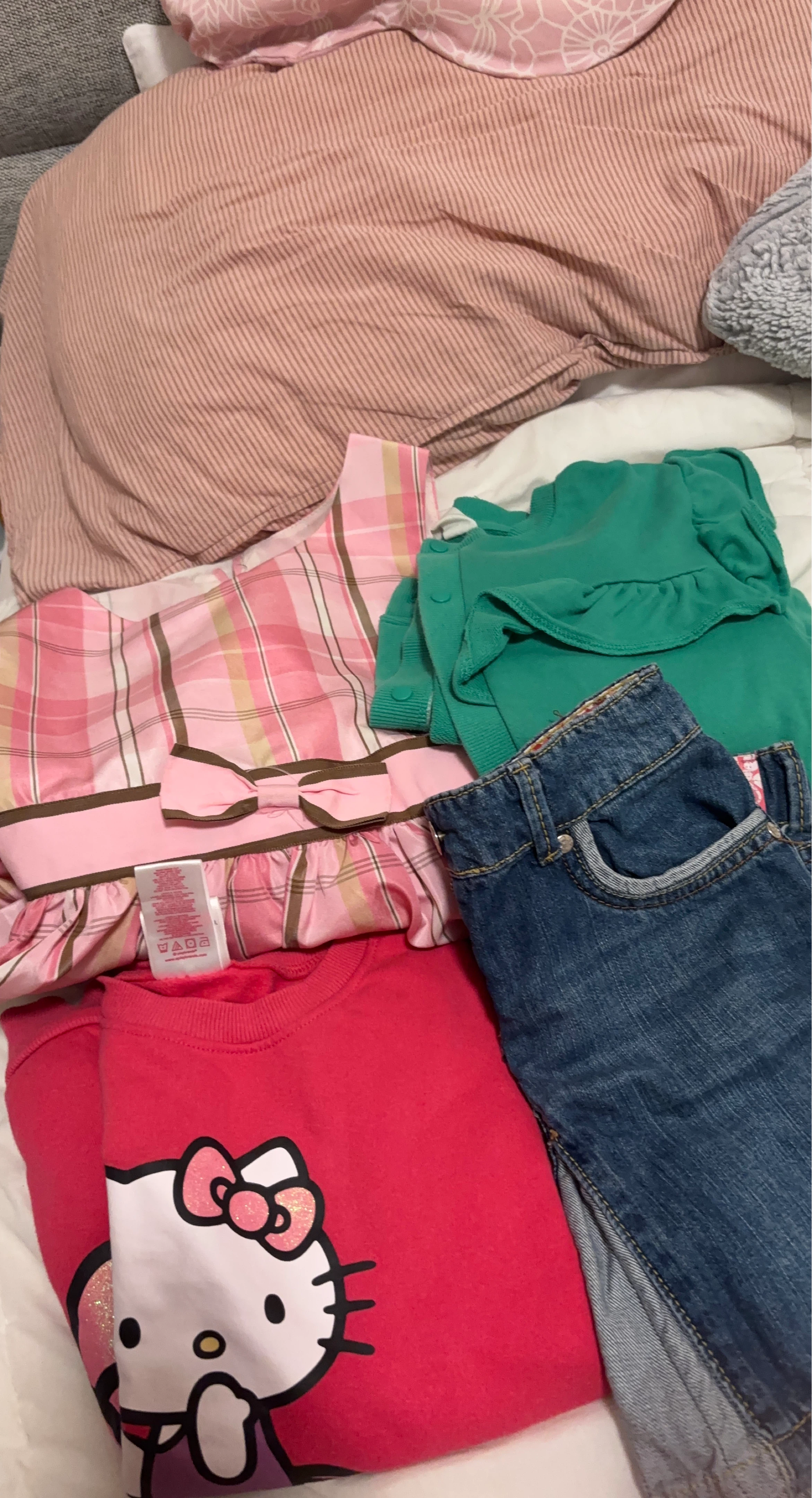 Kids Clothes Bundle: Hello Kitty Sweater, Plaid Dress, Jeans