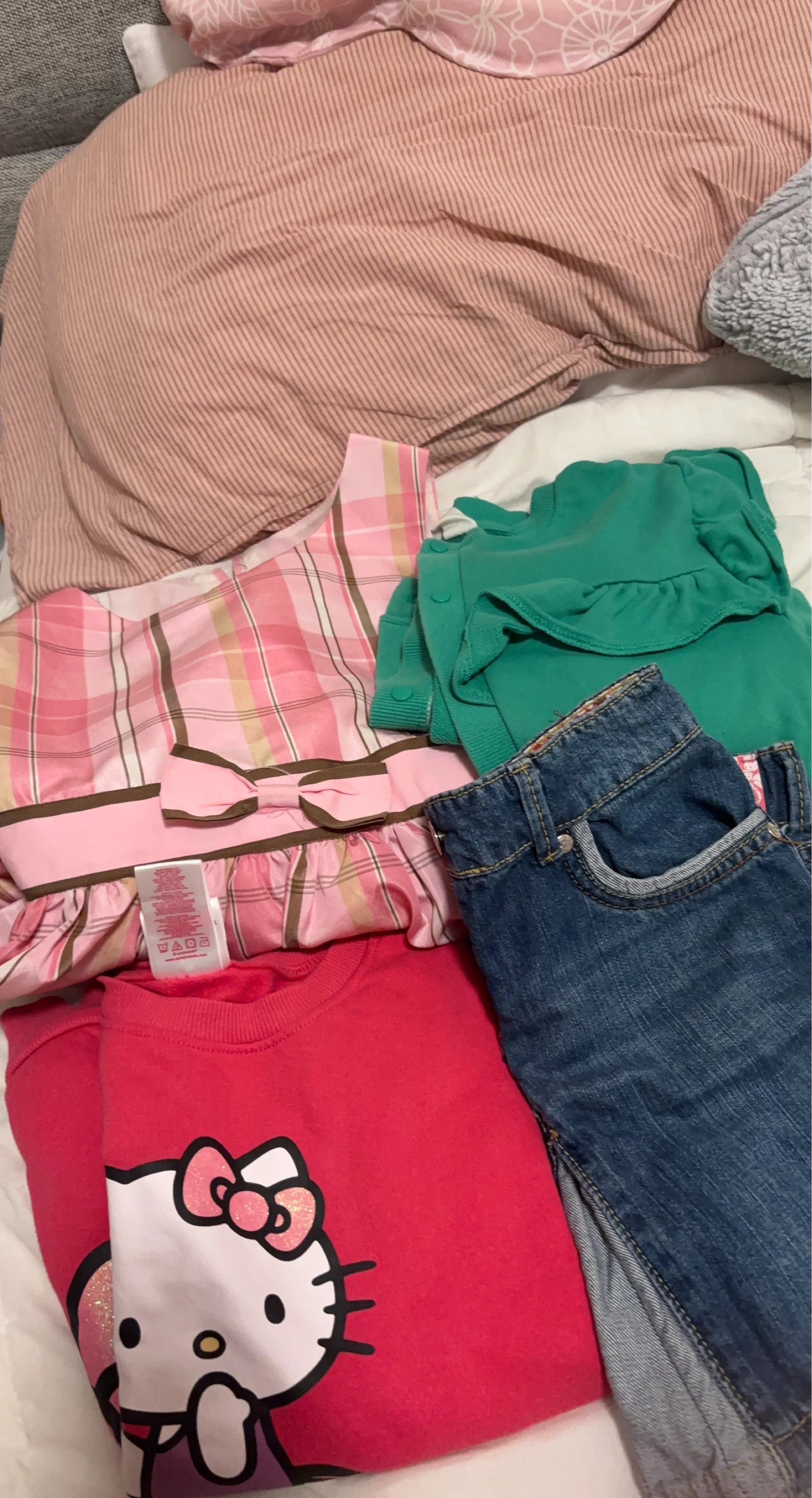 Kids Clothes Bundle: Hello Kitty Sweater, Plaid Dress, Jeans