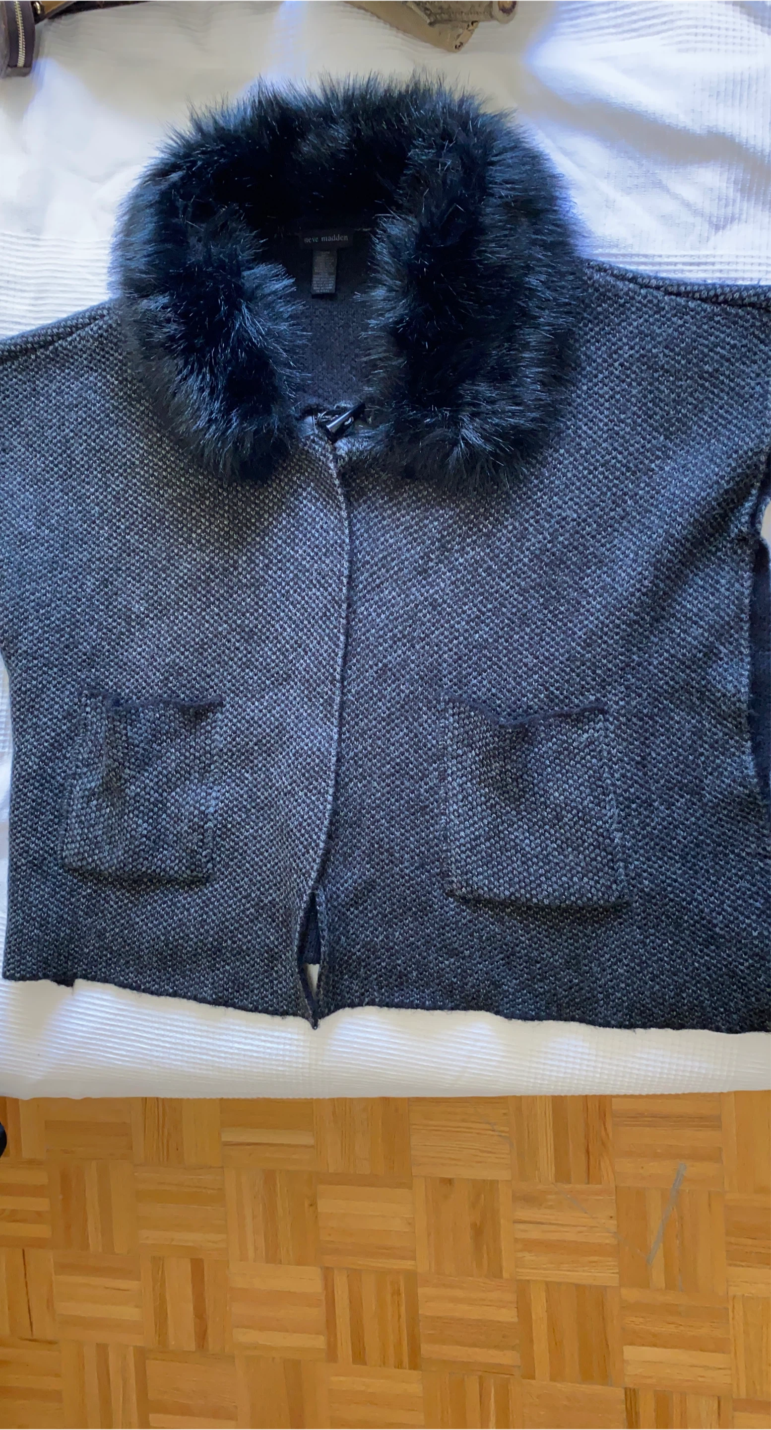 Steve Madden Women's Dark Grey Knit Vest with Faux Fur Collar
