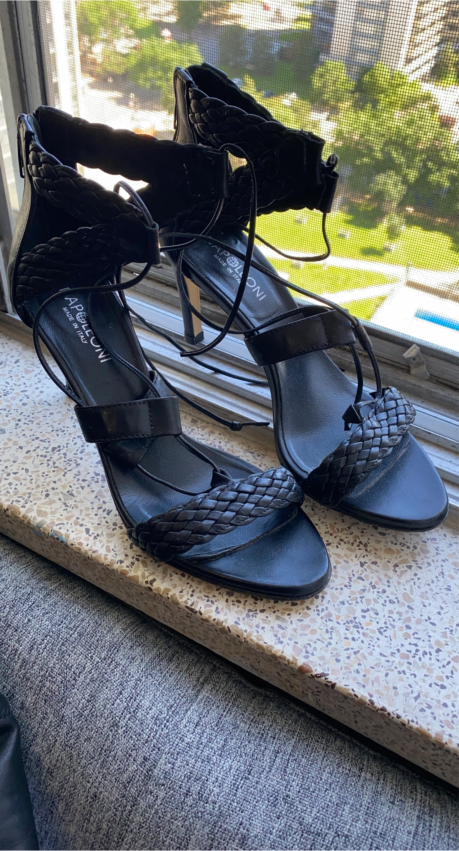 APELLEONI Black Braided Gladiator Heels