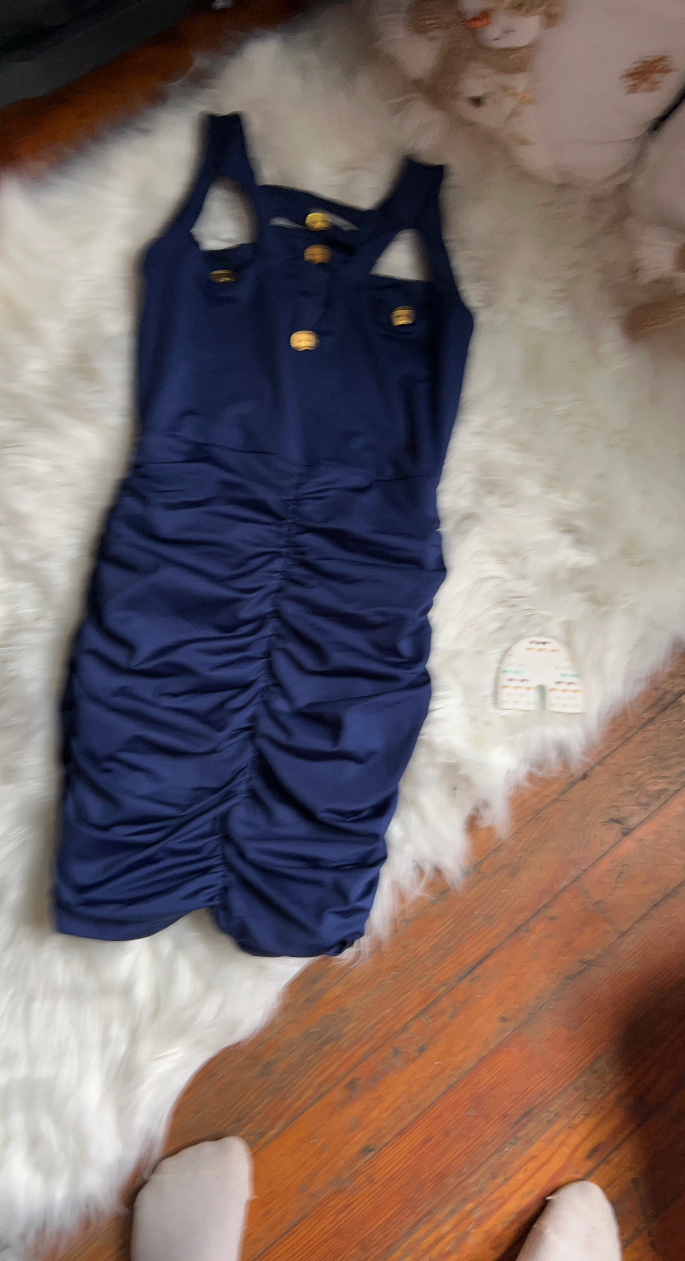 Navy Blue Ruched Dress with Gold Buttons