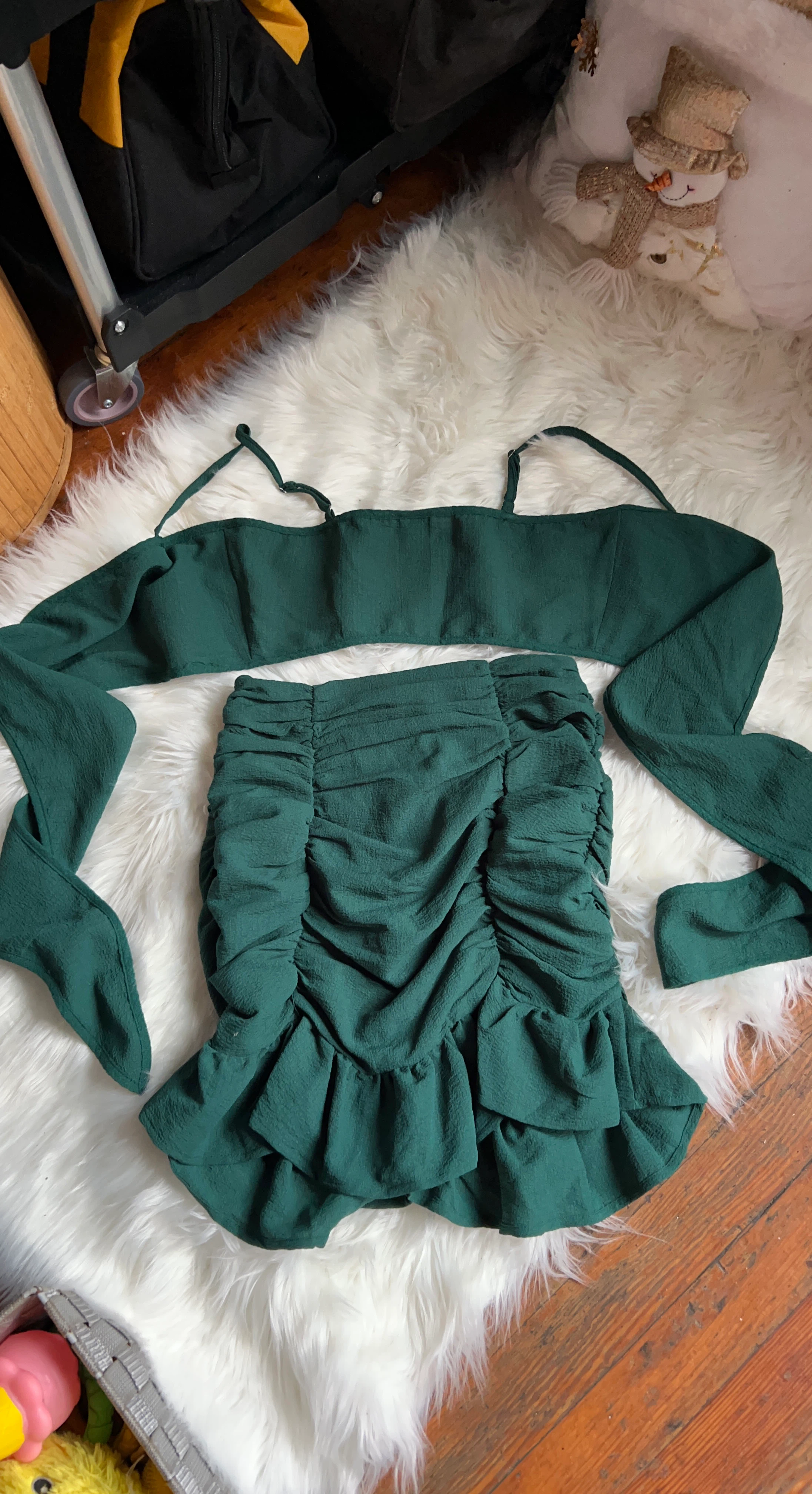 Green Ruched Off-the-Shoulder Top and Skirt Set