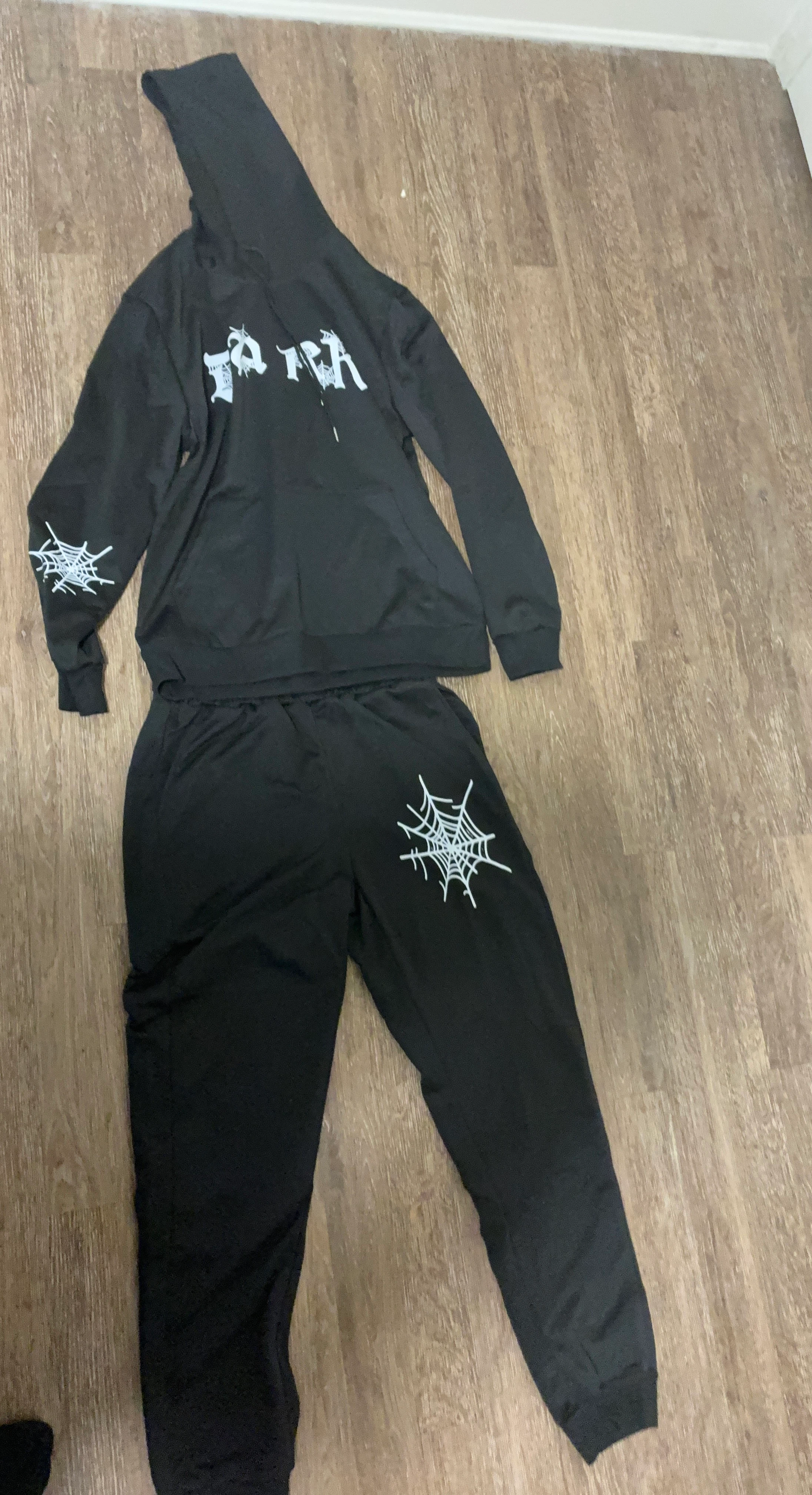 Black Hoodie and Pants Set with Spiderweb Graphic