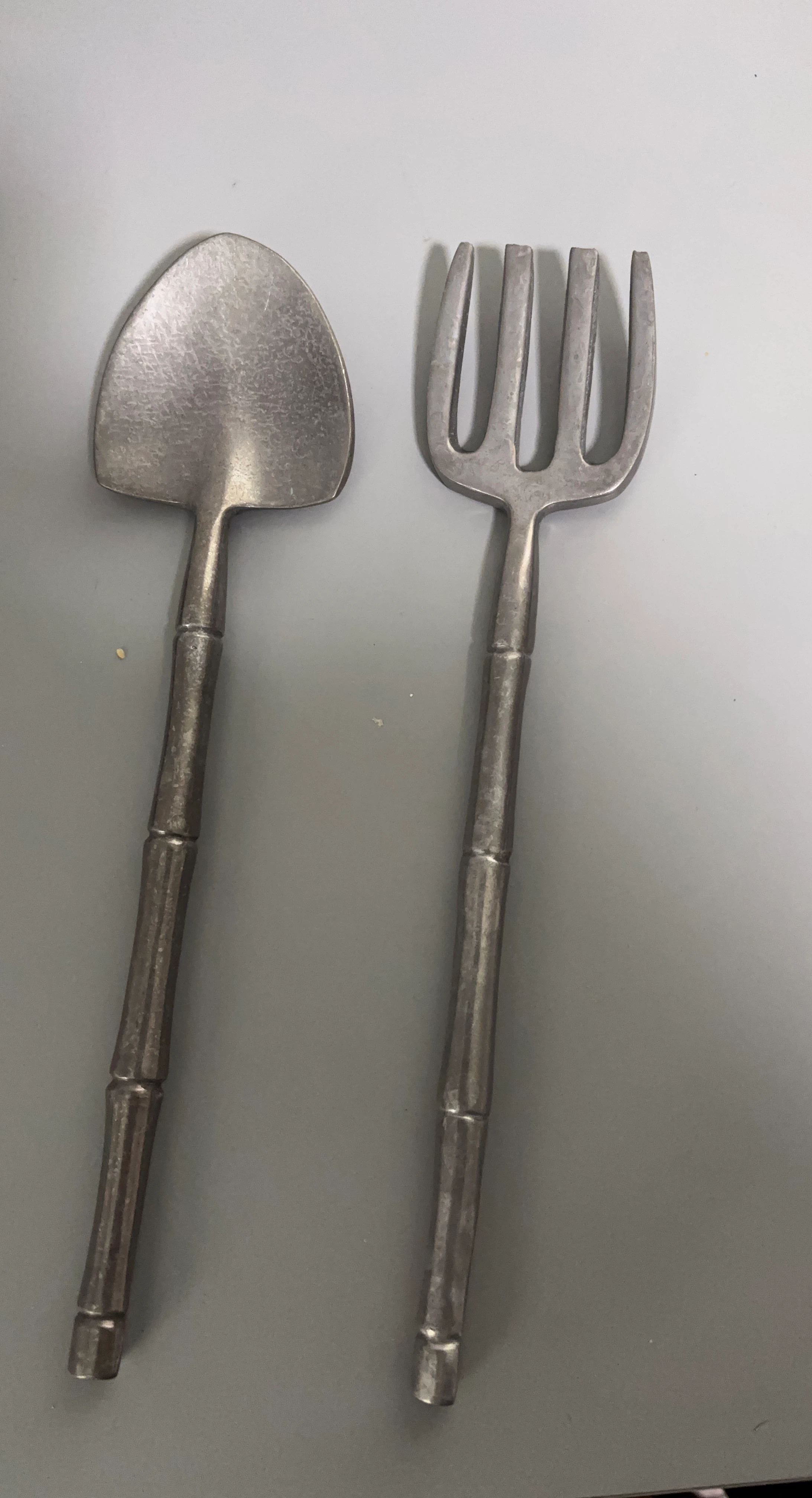 Vintage  Aluminum Salad Servers in Bamboo Design