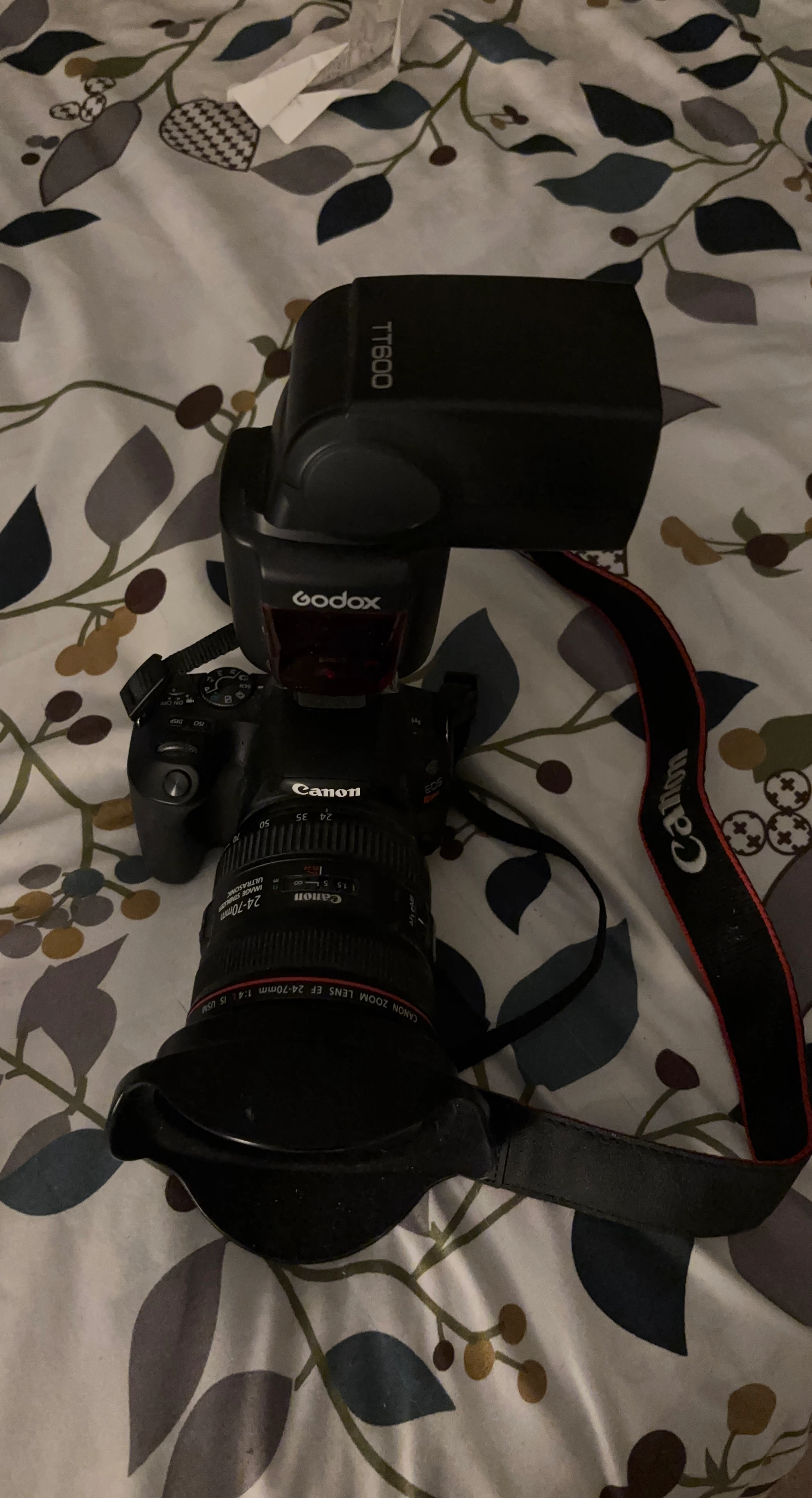 Canon EOS DSLR Camera with Godox TT600 Flash and 24-70mm Lens