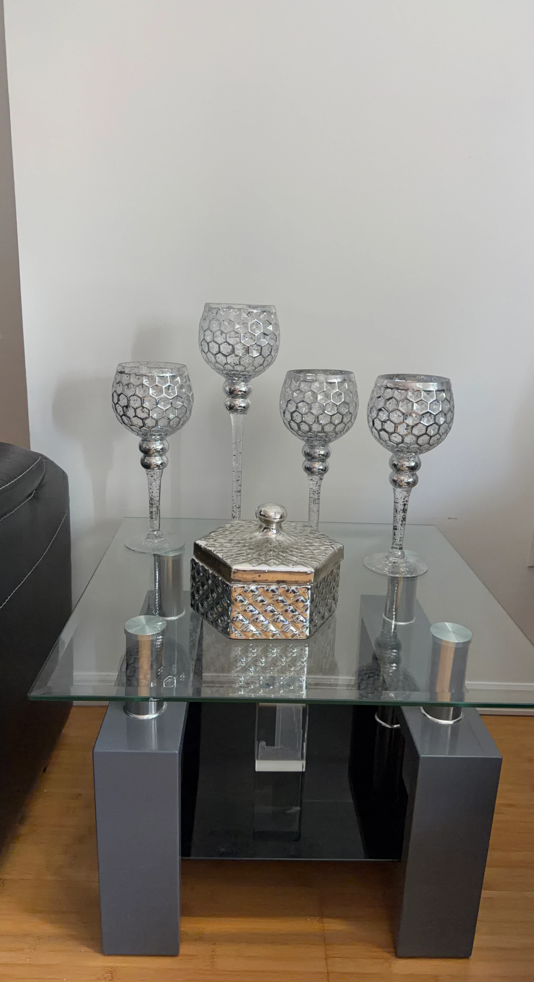 Set of 4 Silver Hexagonal Candlesticks and Decorative Box