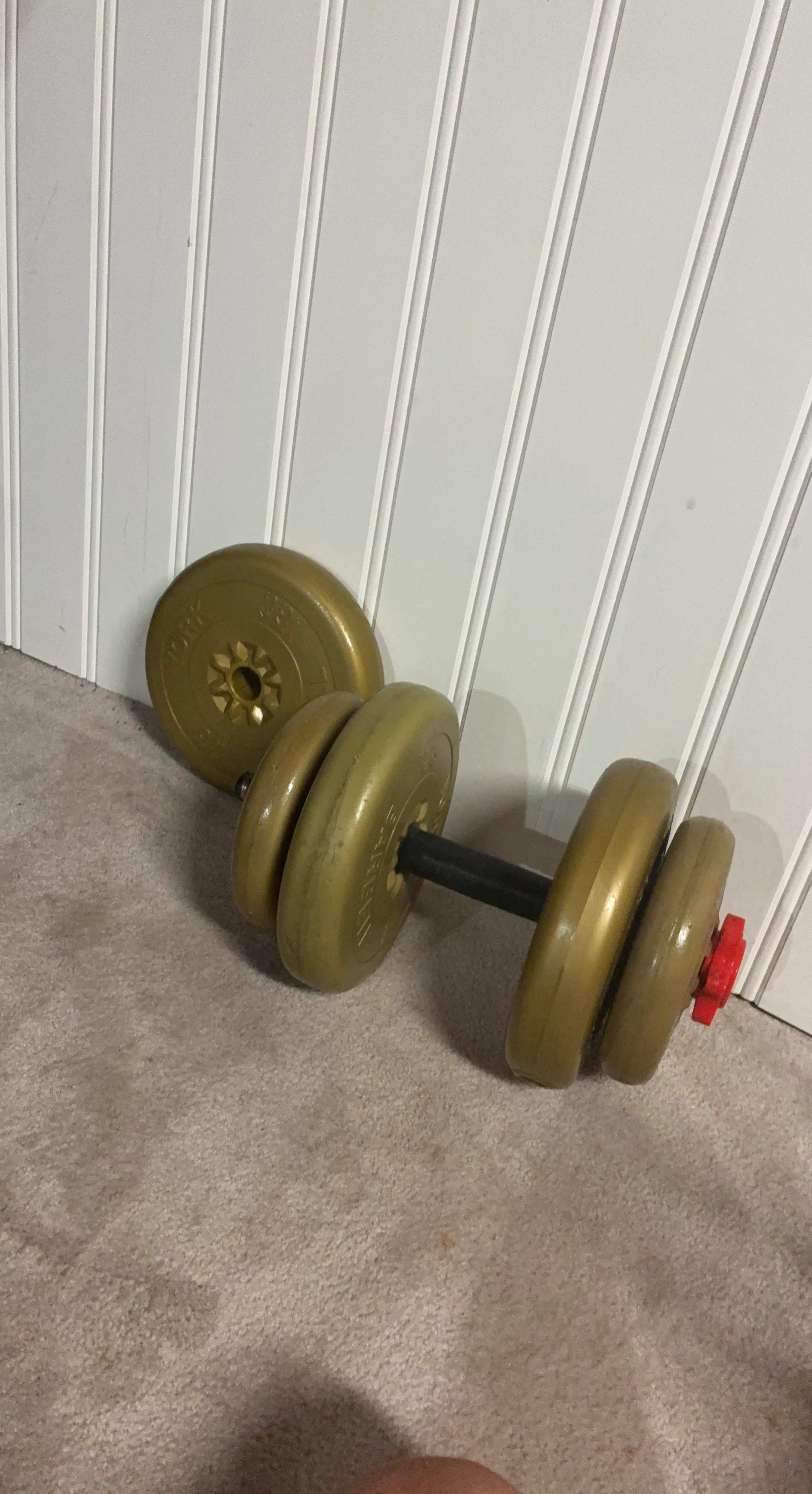 York Barbell Dumbbell Set they are 40 pounds.