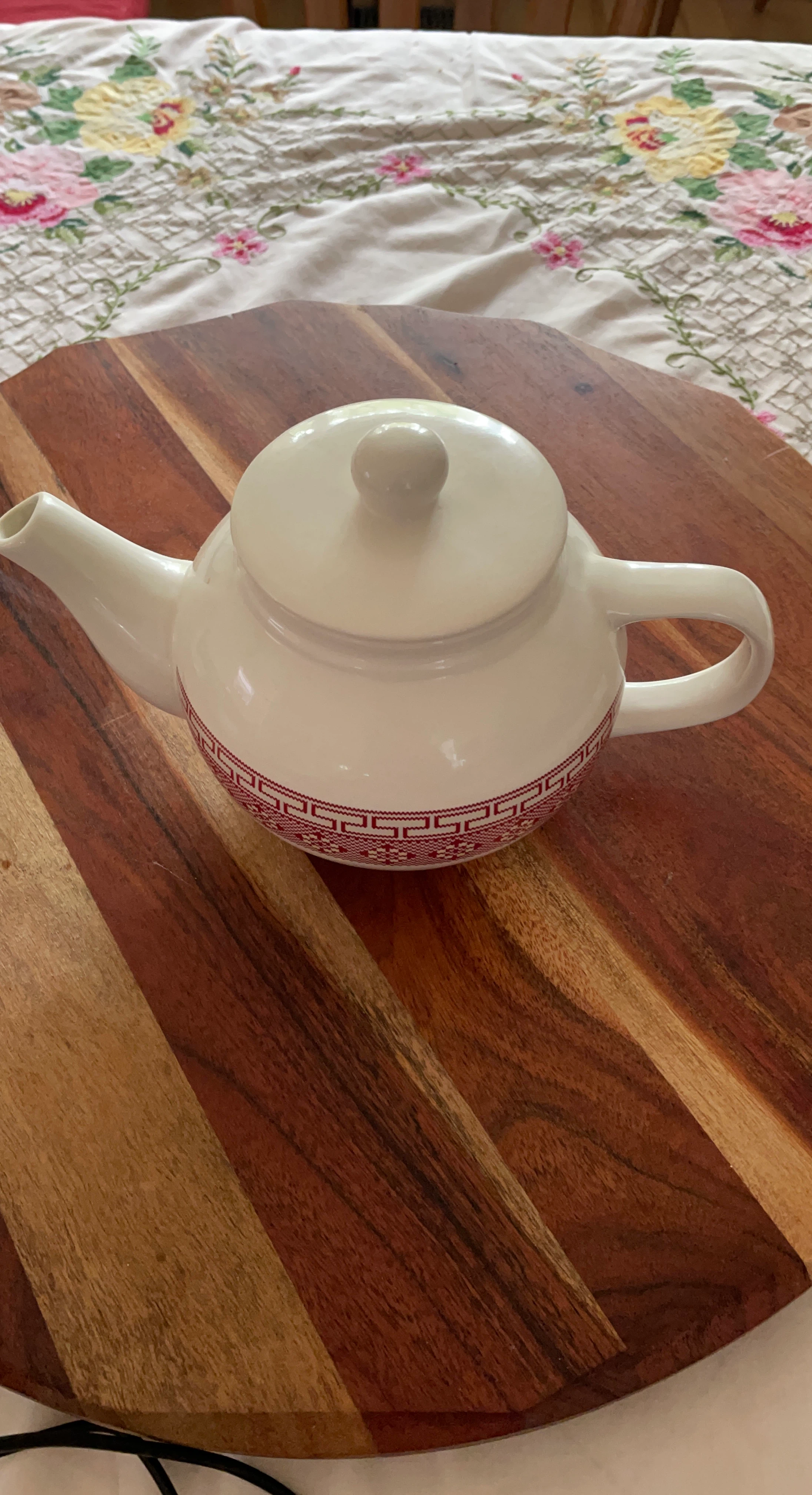 White Teapot with Red Geometric Trim
