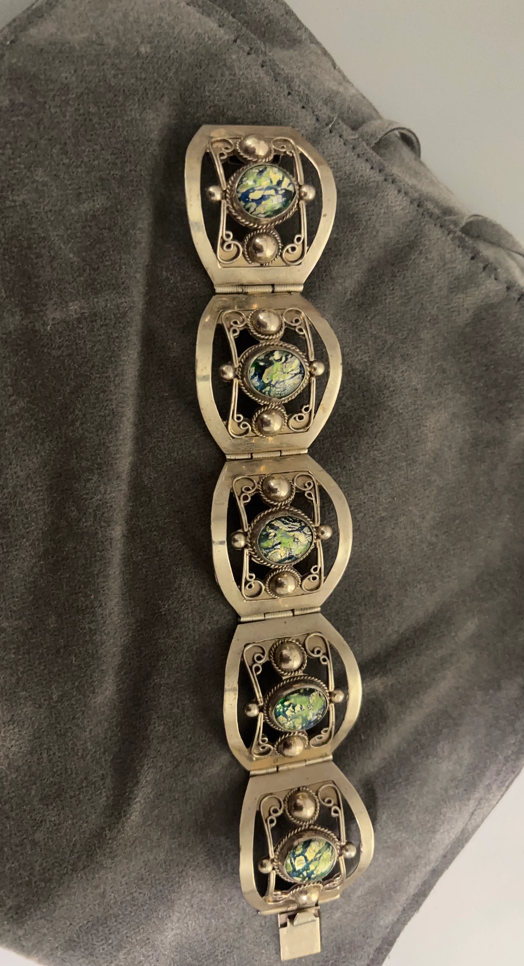 Vintage Sterling SilverBracelet with Green Inlay Stones