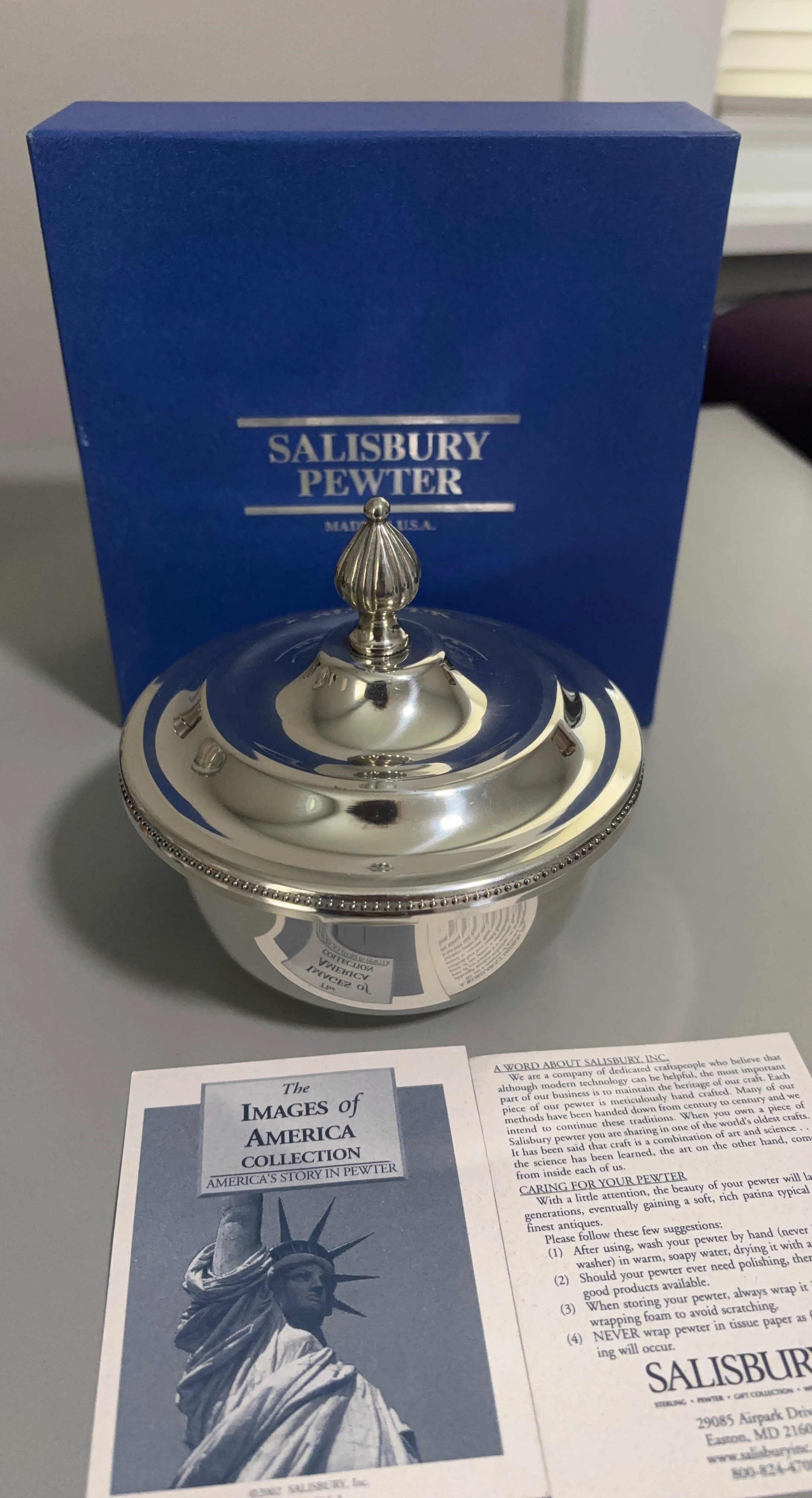 New Salisbury Pewter "Images of America" Candy Dish with Lid