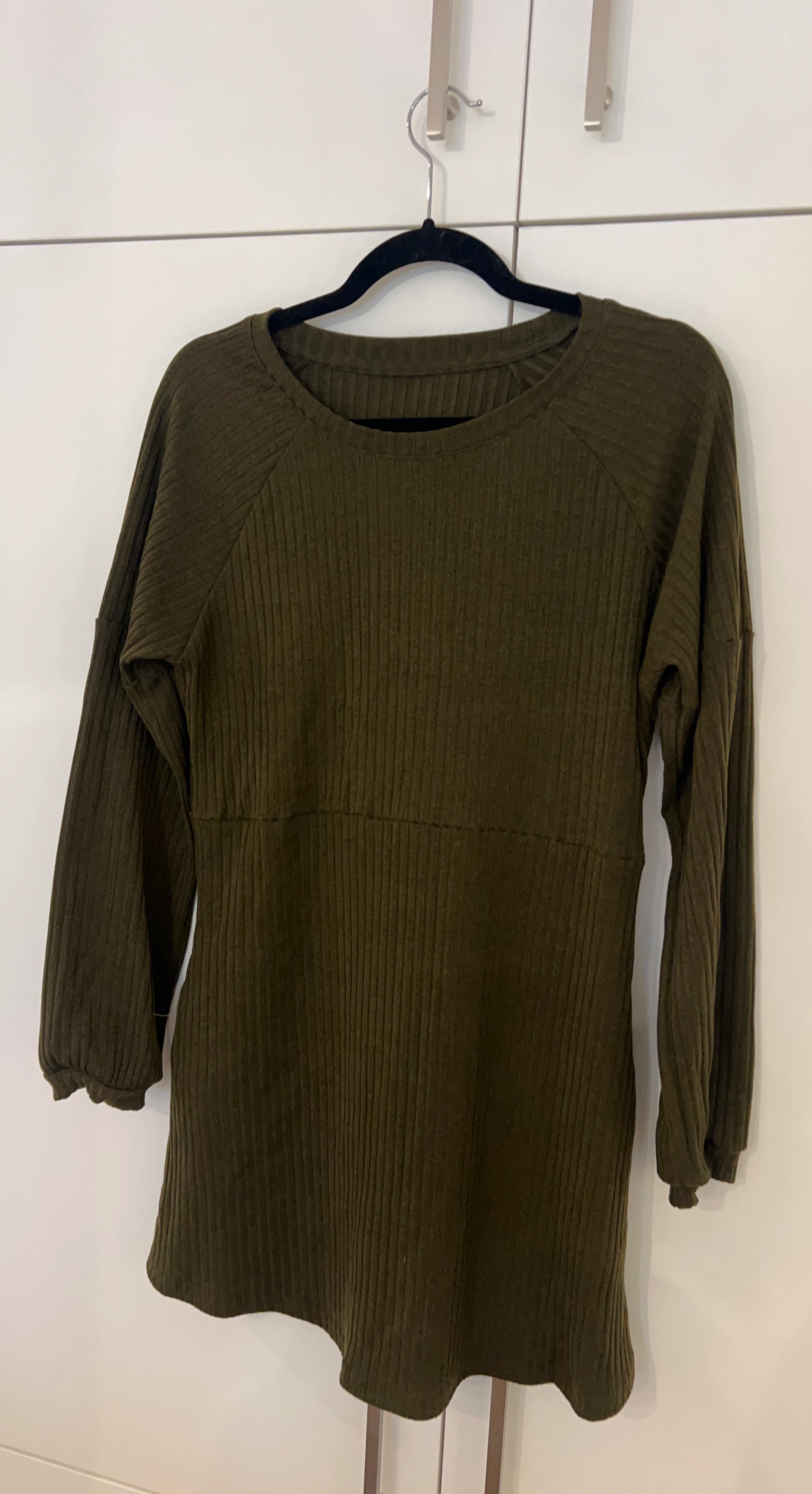 Olive Green Ribbed Long Sleeve Dress