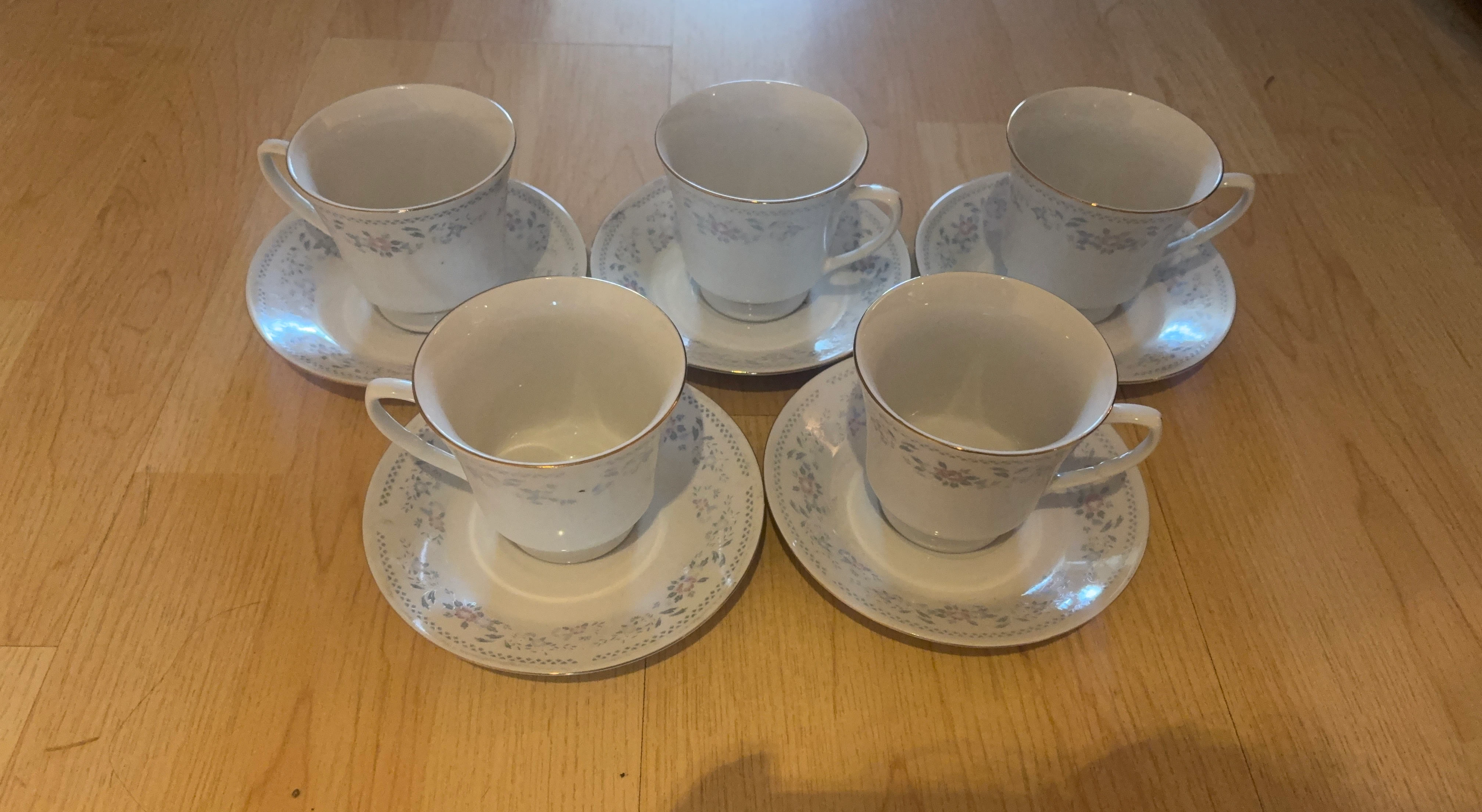 Set of 5 White Teacups and Saucers with Floral Design