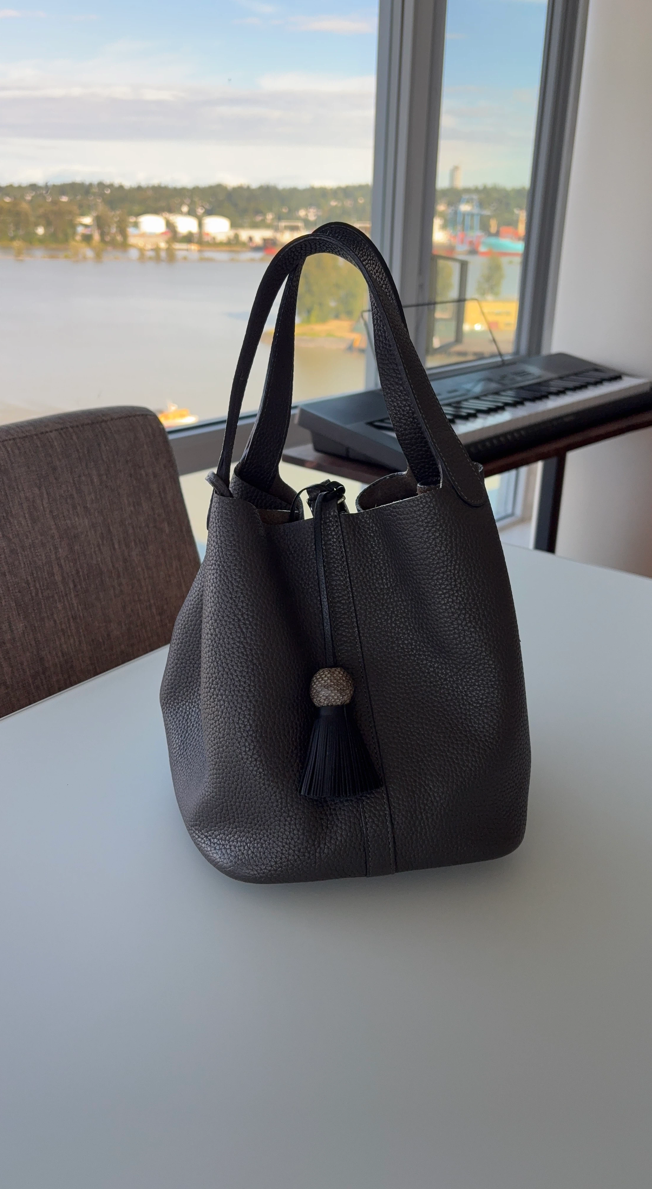Dark Grey Pebbled Leather Bucket Bag
