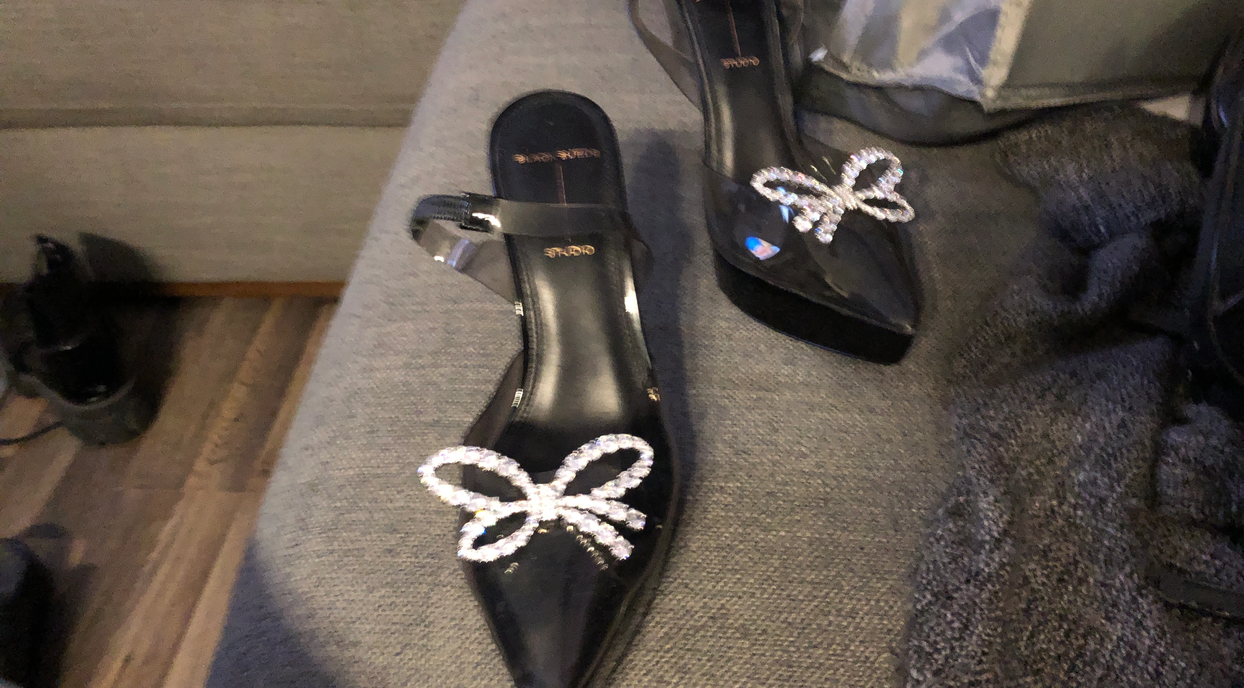 Black Slingback Heels with Rhinestone Bow