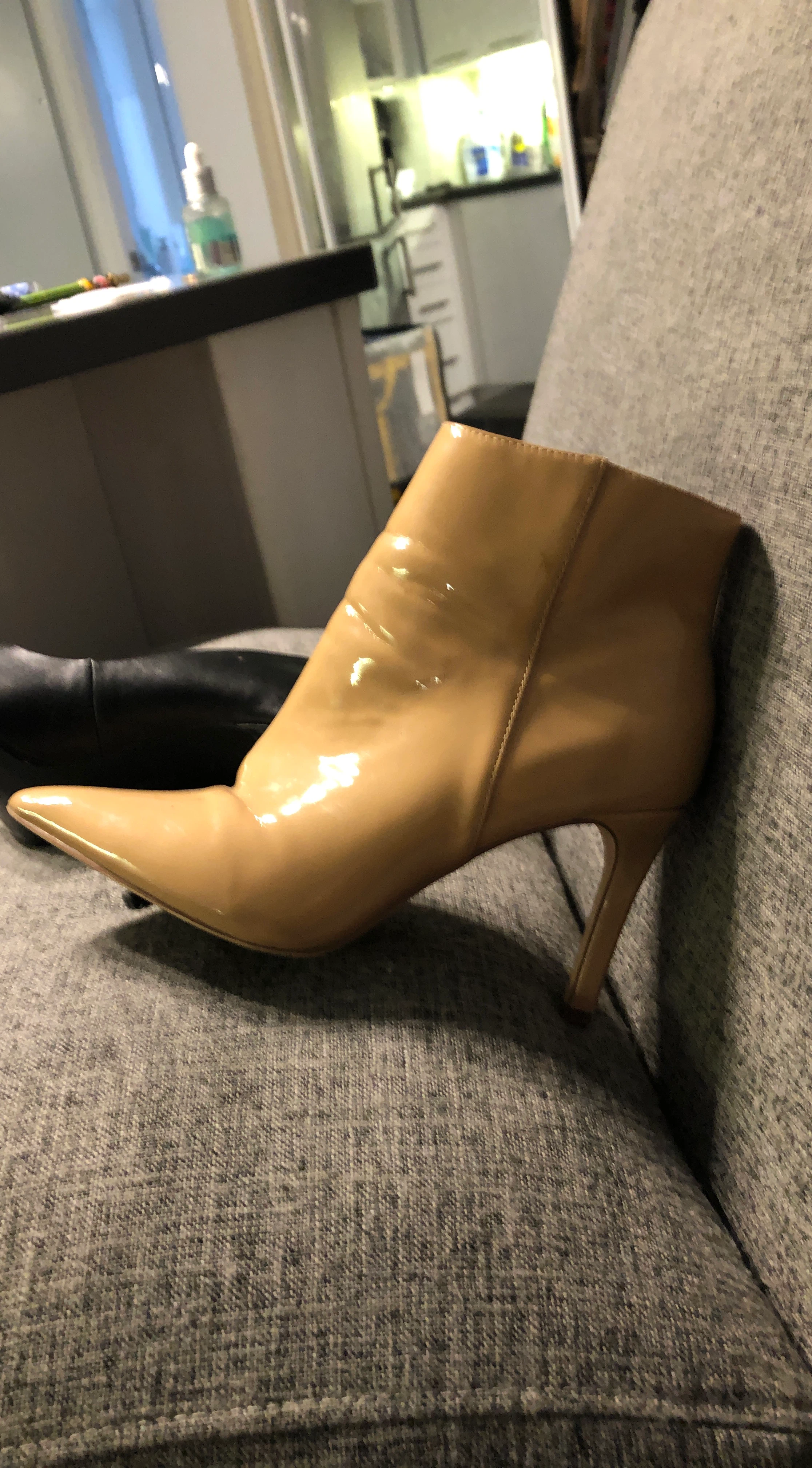 Beige Patent Leather Pointed Toe Ankle Boots