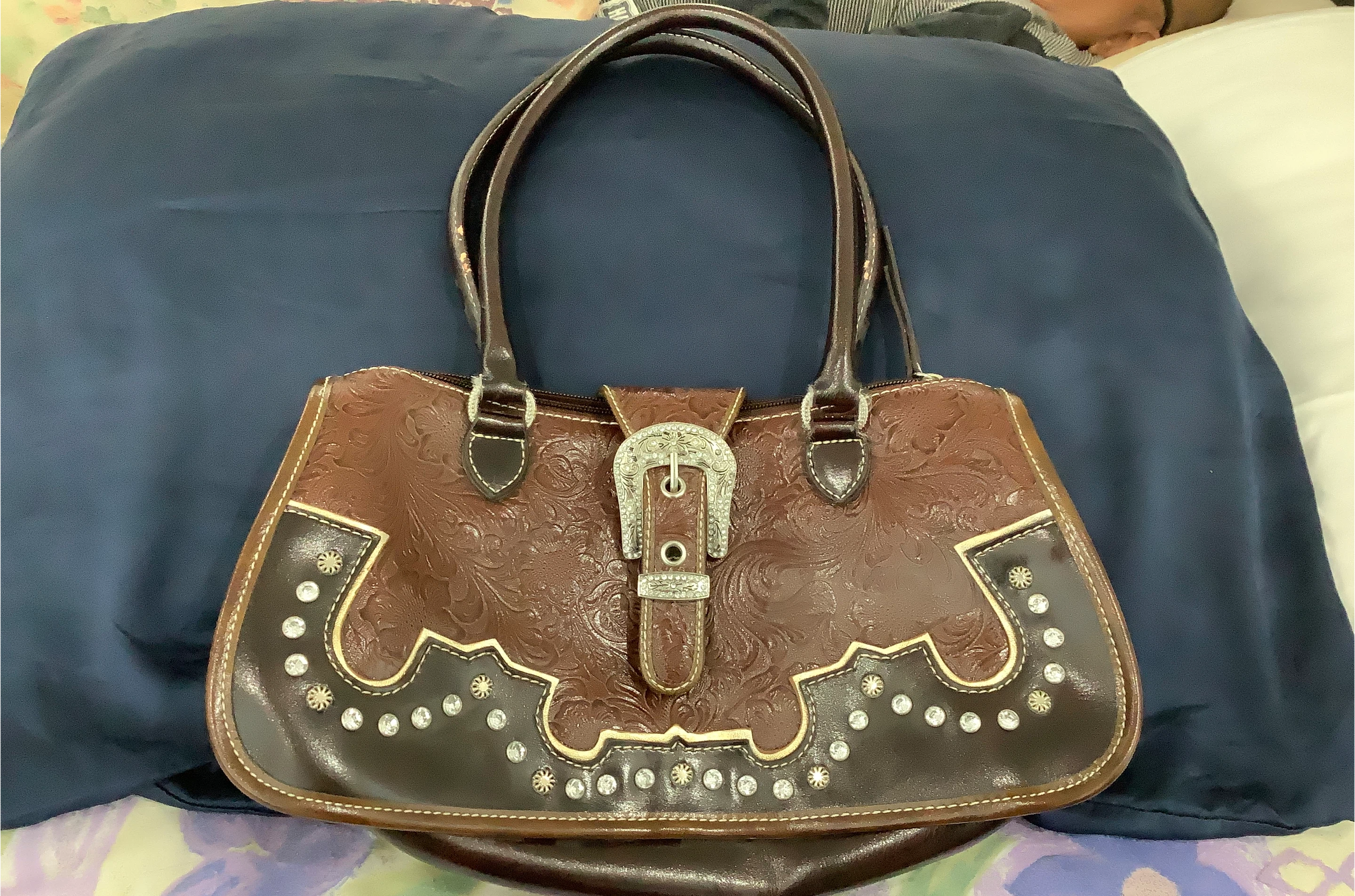 Brown Western-Style Handbag with Rhinestones