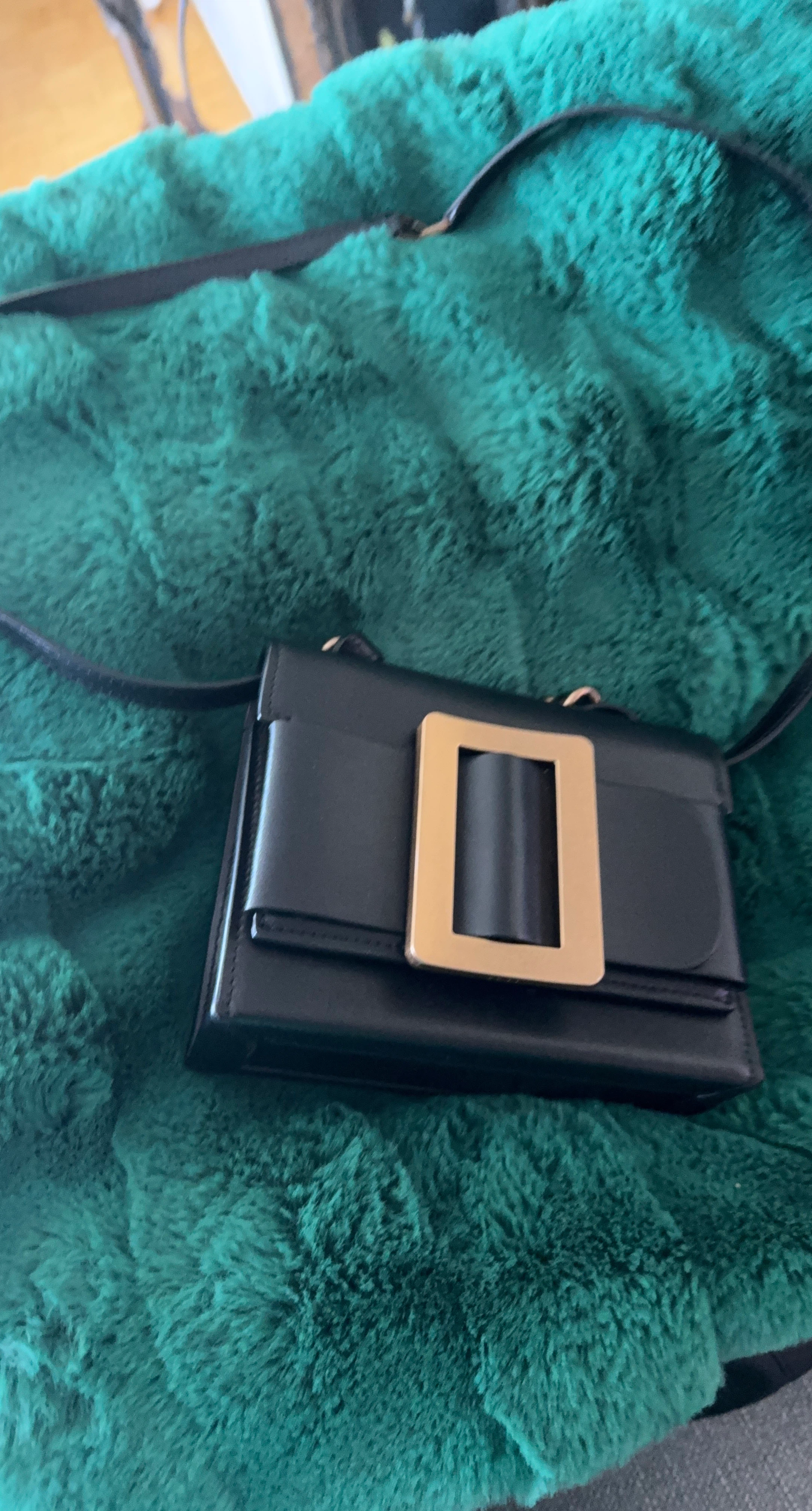 Black Leather Shoulder Bag with Gold Buckle