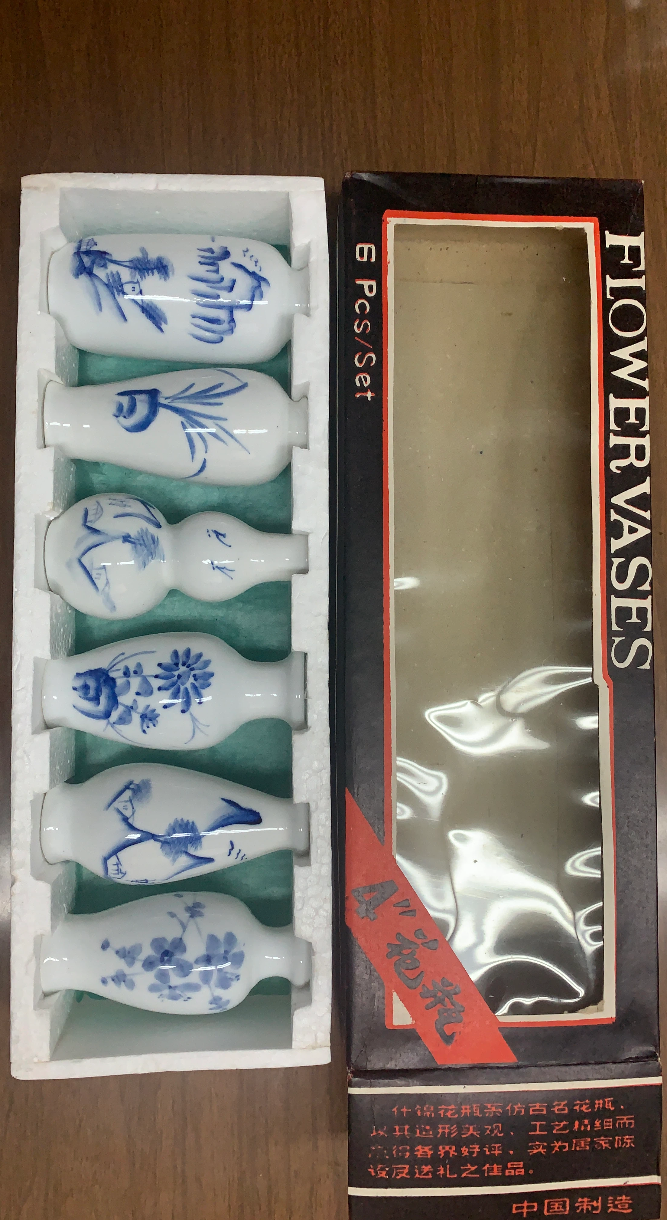 Set of 6 Blue and White Ceramic Flower Vases