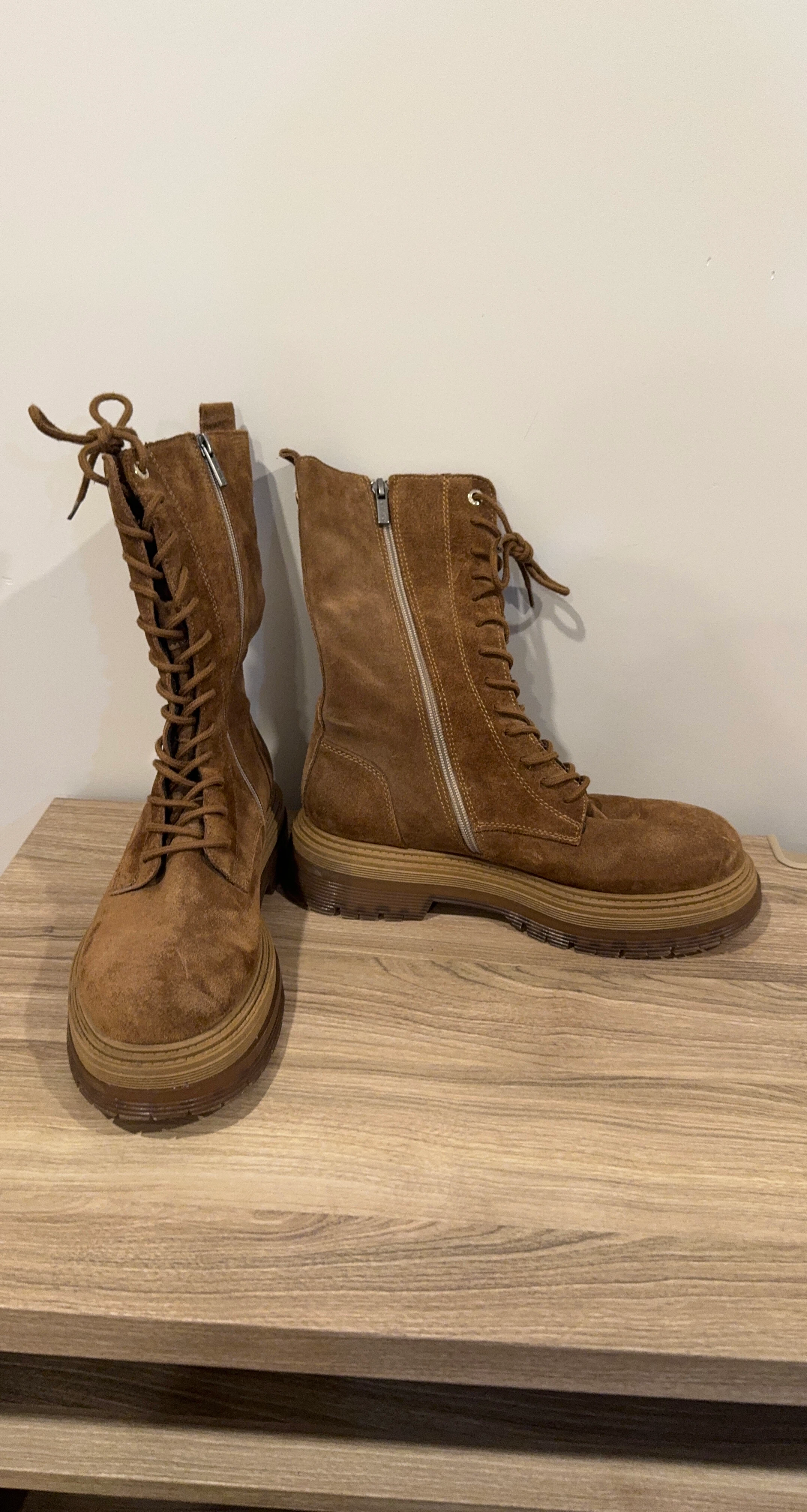 Brown Suede Lace-Up Combat Boots