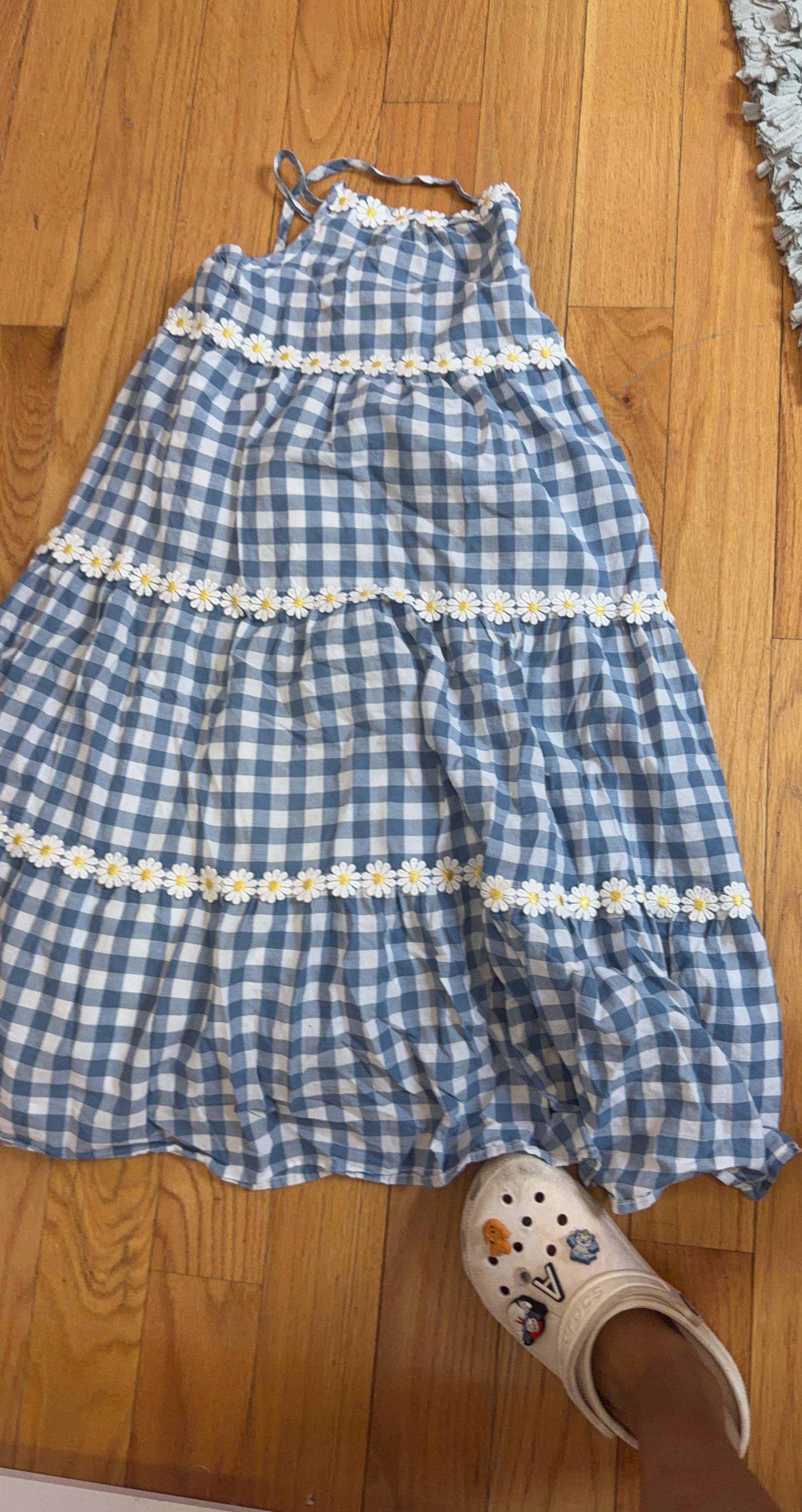 Blue Gingham Tiered Dress with Daisies