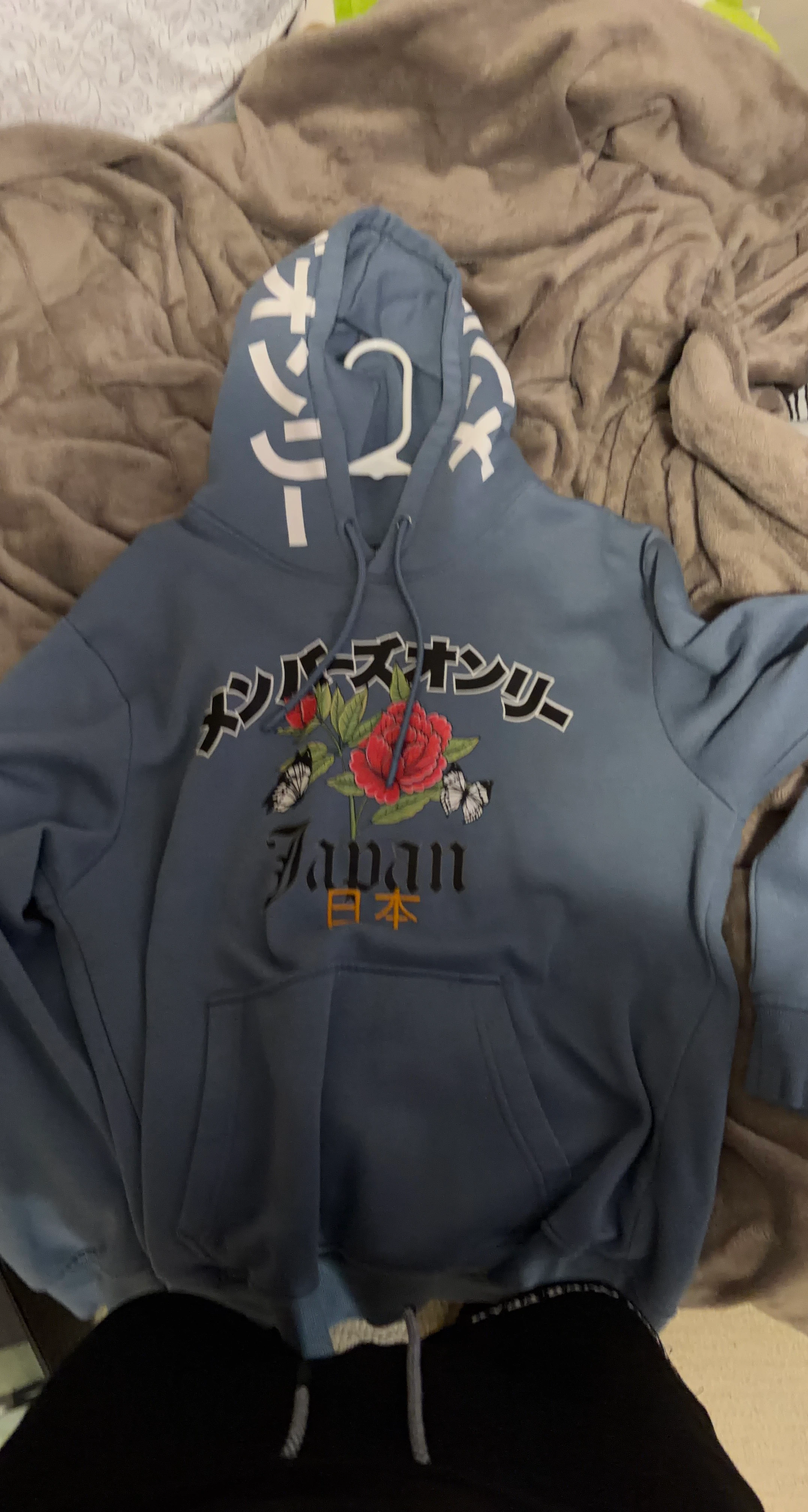 Blue Graphic Hoodie with Japanese Text