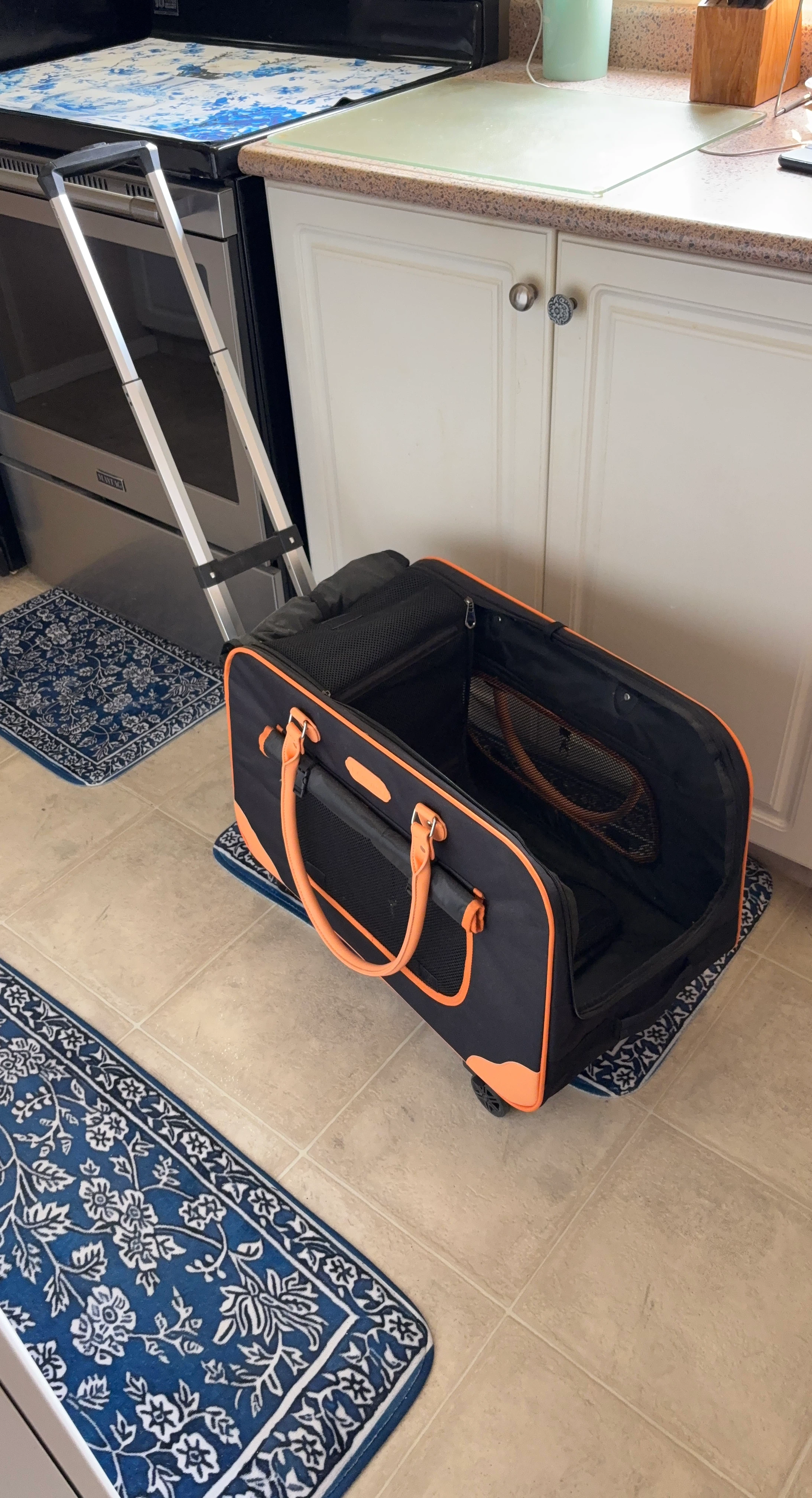 Black and Orange Pet Carrier with Wheels