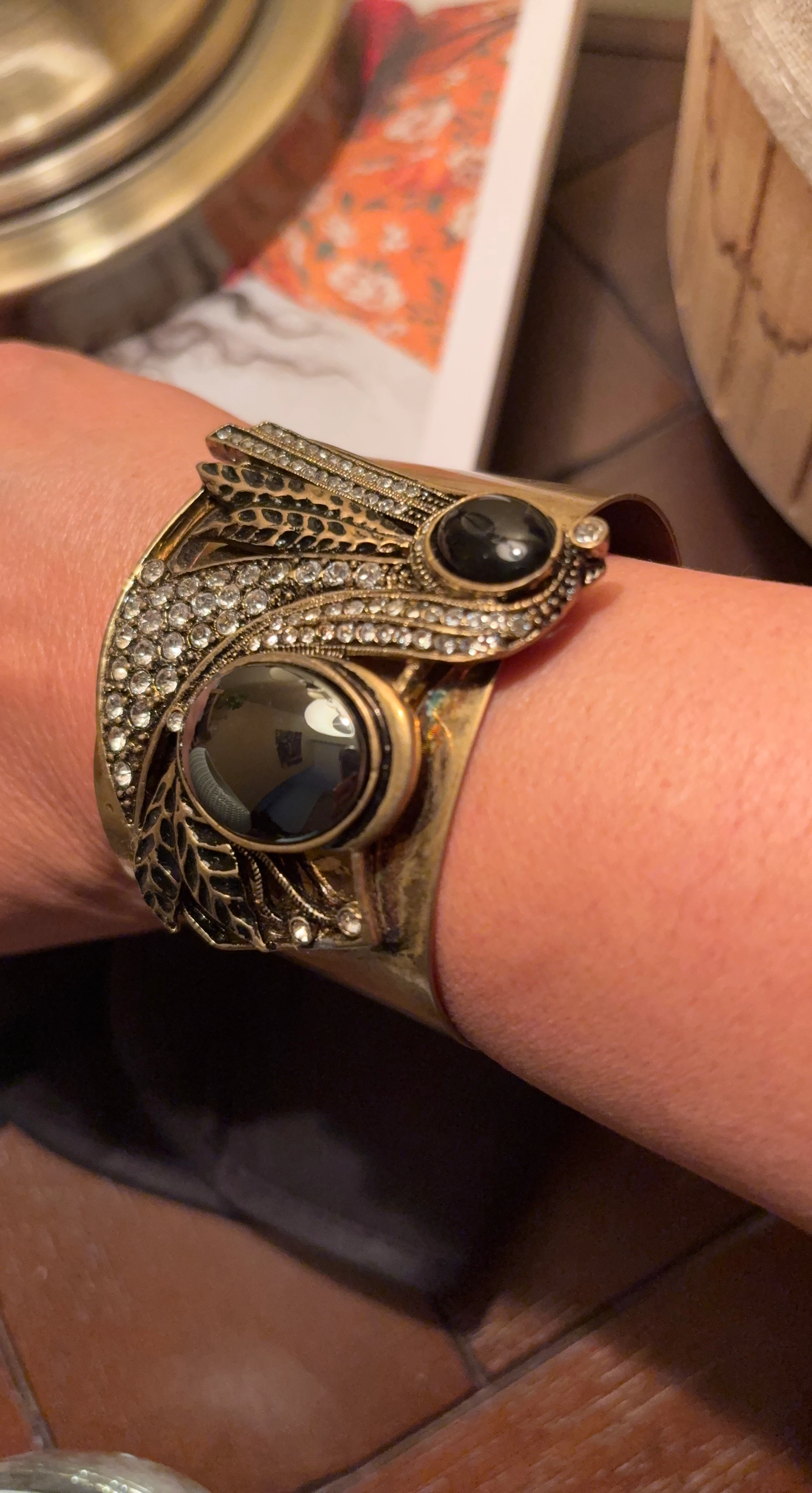 Gold Tone Owl Cuff Bracelet with Rhinestones