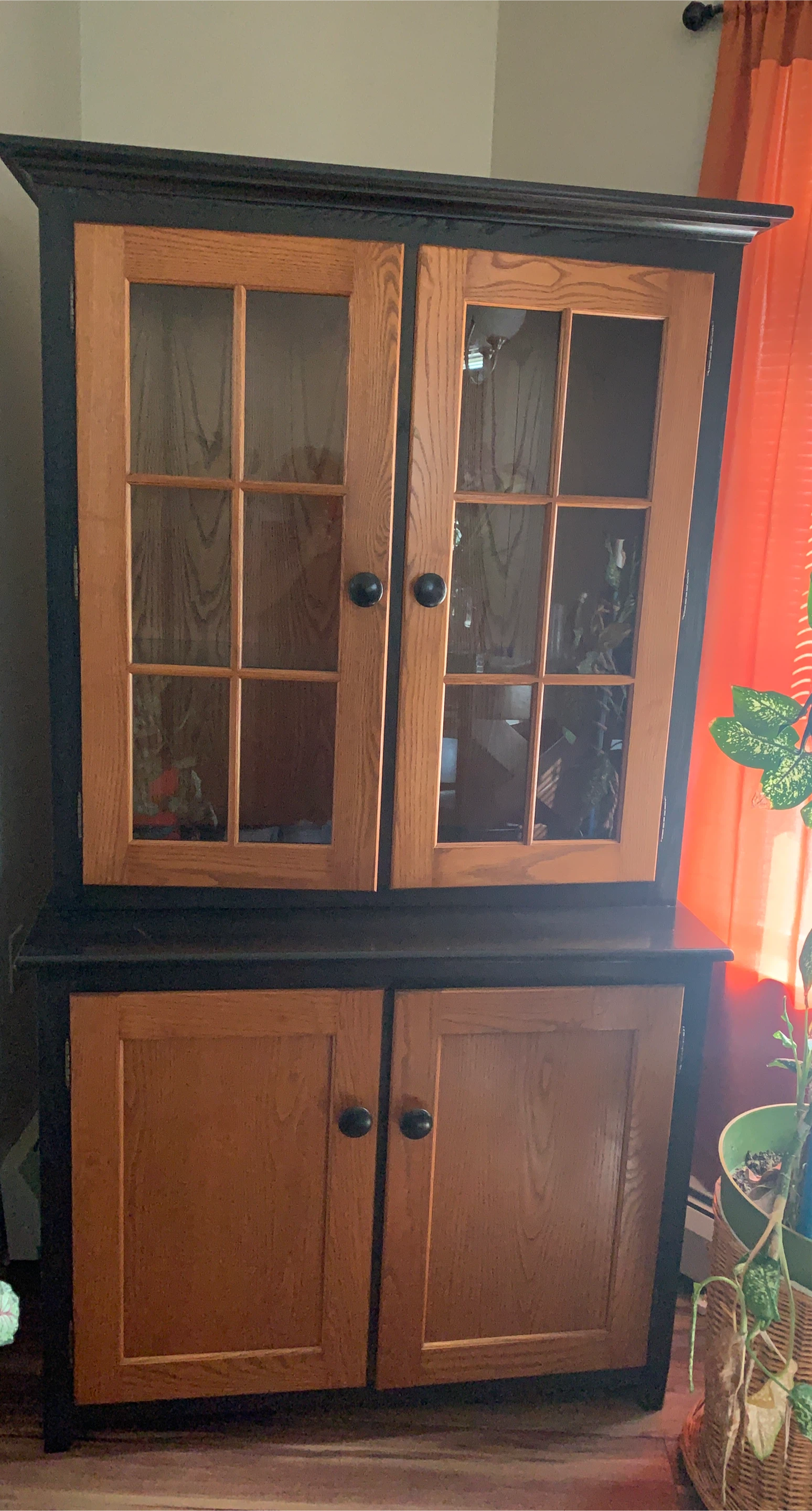Oak and Black Hutch with Glass Doors