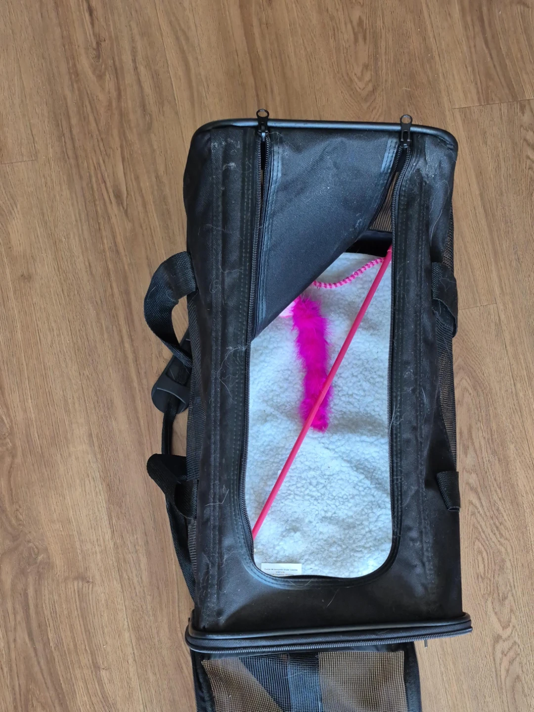 Black Pet Carrier with Fleece Liner and Toy