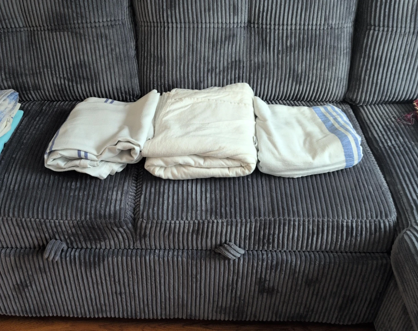 Set of 3 White Bed Sheets with Blue Stripes $4 each