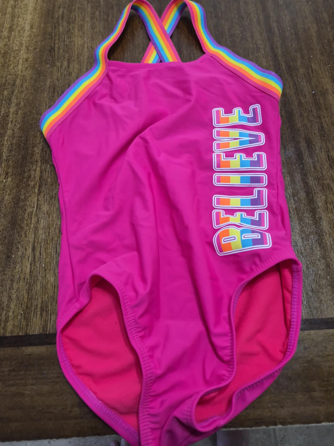 Girls Pink "Believe" Swimsuit with Rainbow Straps