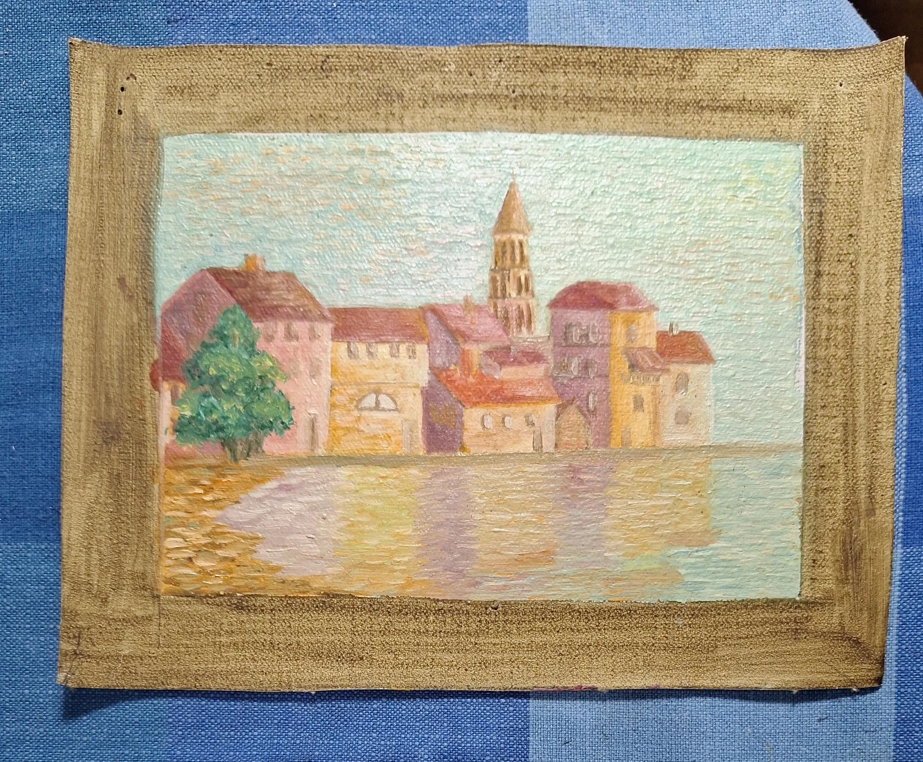 Oil Painting of Coastal Town with Bell Tower