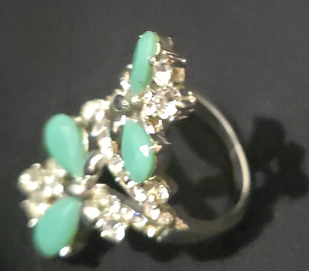 Statement Ring with Green Gems and Silver-Tone Metal