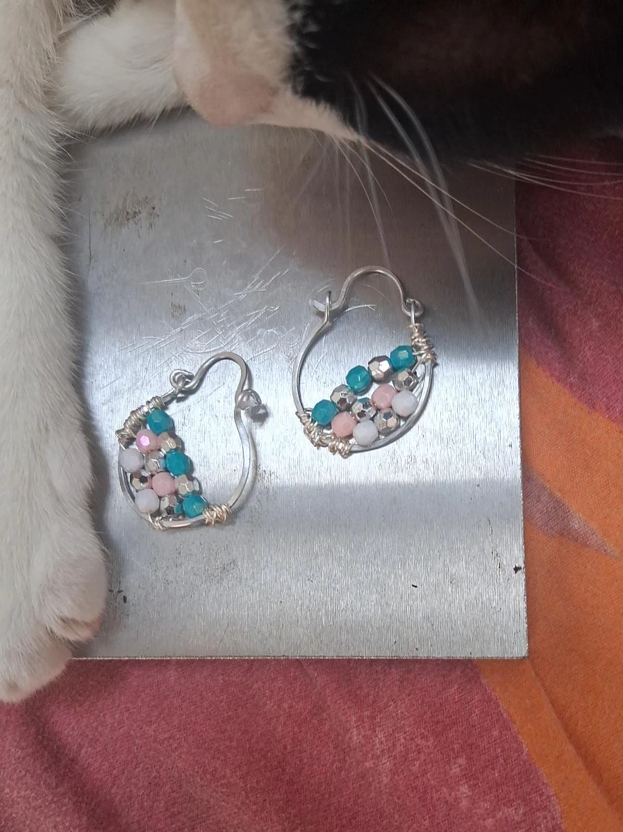 Handmade Beaded Hoop Earrings - Pink, Blue, Silver