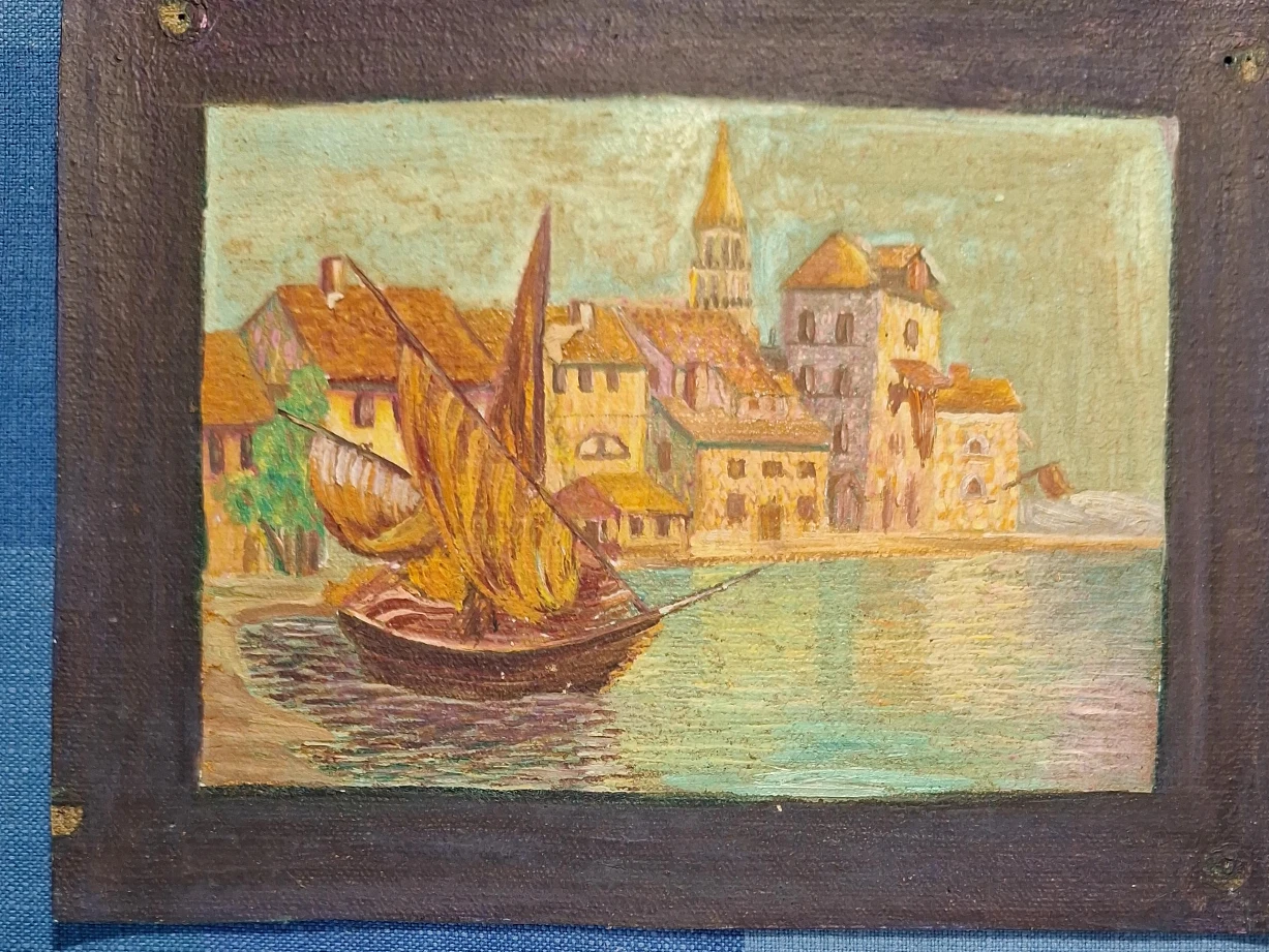 Oil Painting of a Sailboat and Coastal Town