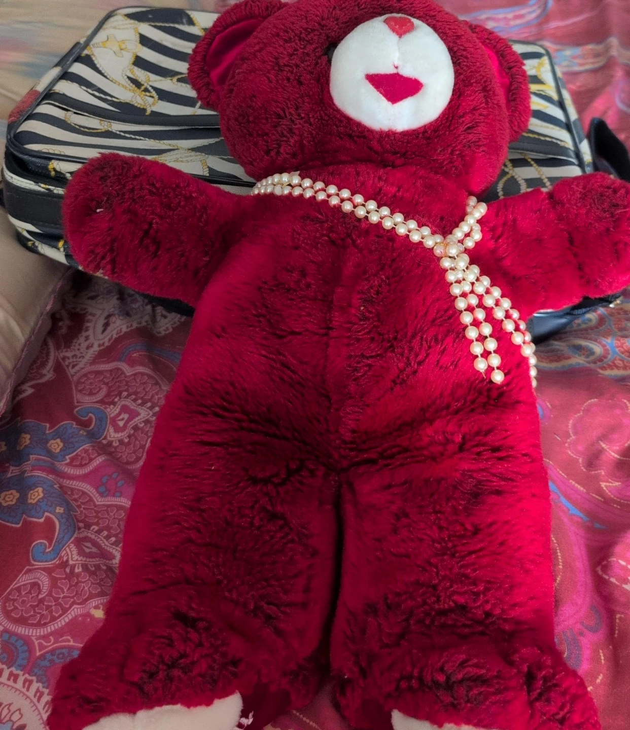 Red Teddy Bear with Pearl Necklace