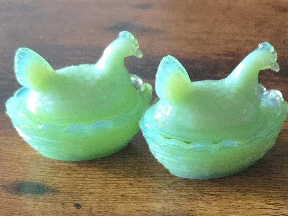 Pair of Vintage Green Glass Chicken Trinket Dishes