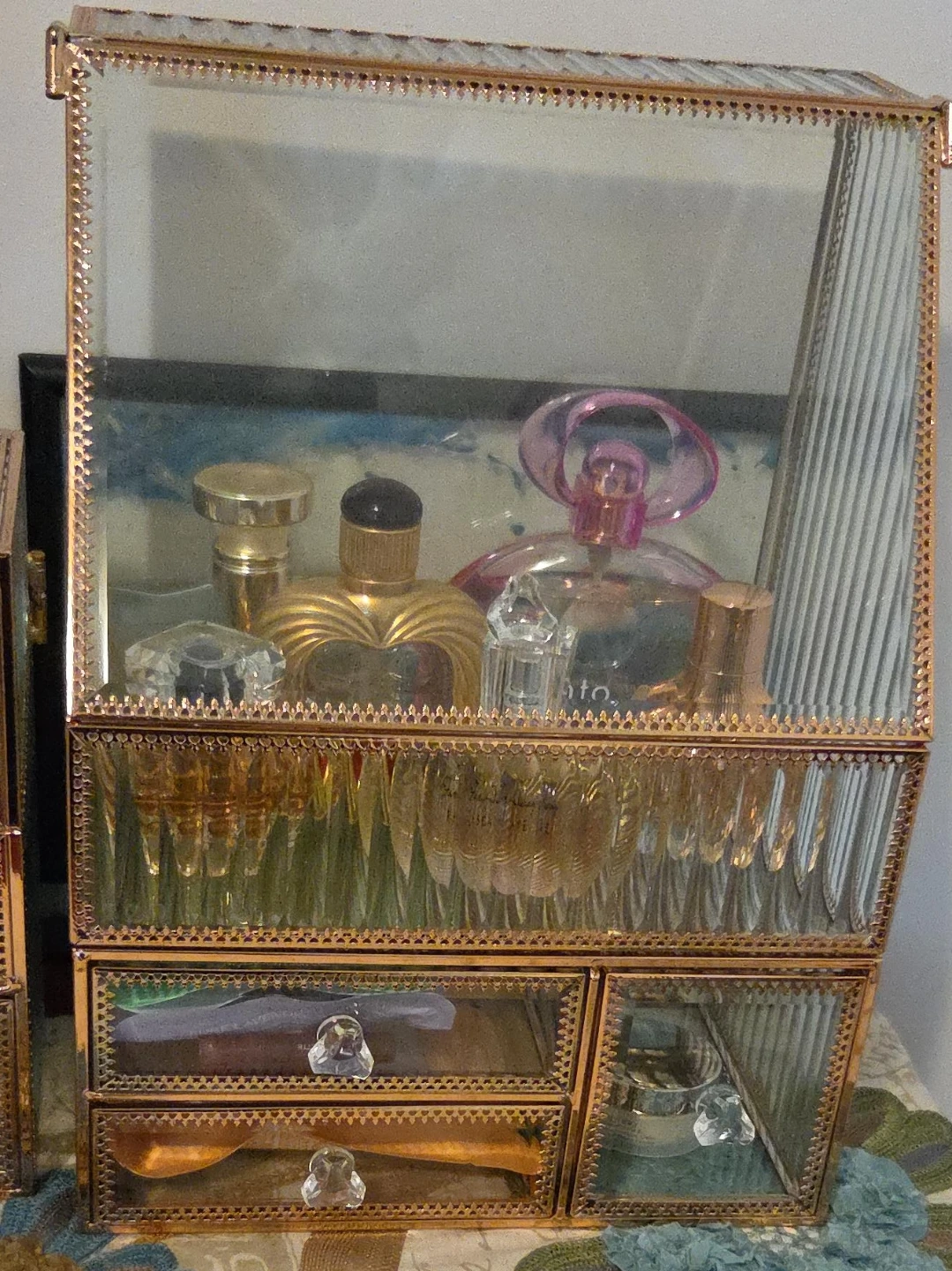 Glass and Rose Gold Vanity Organizer with Drawers