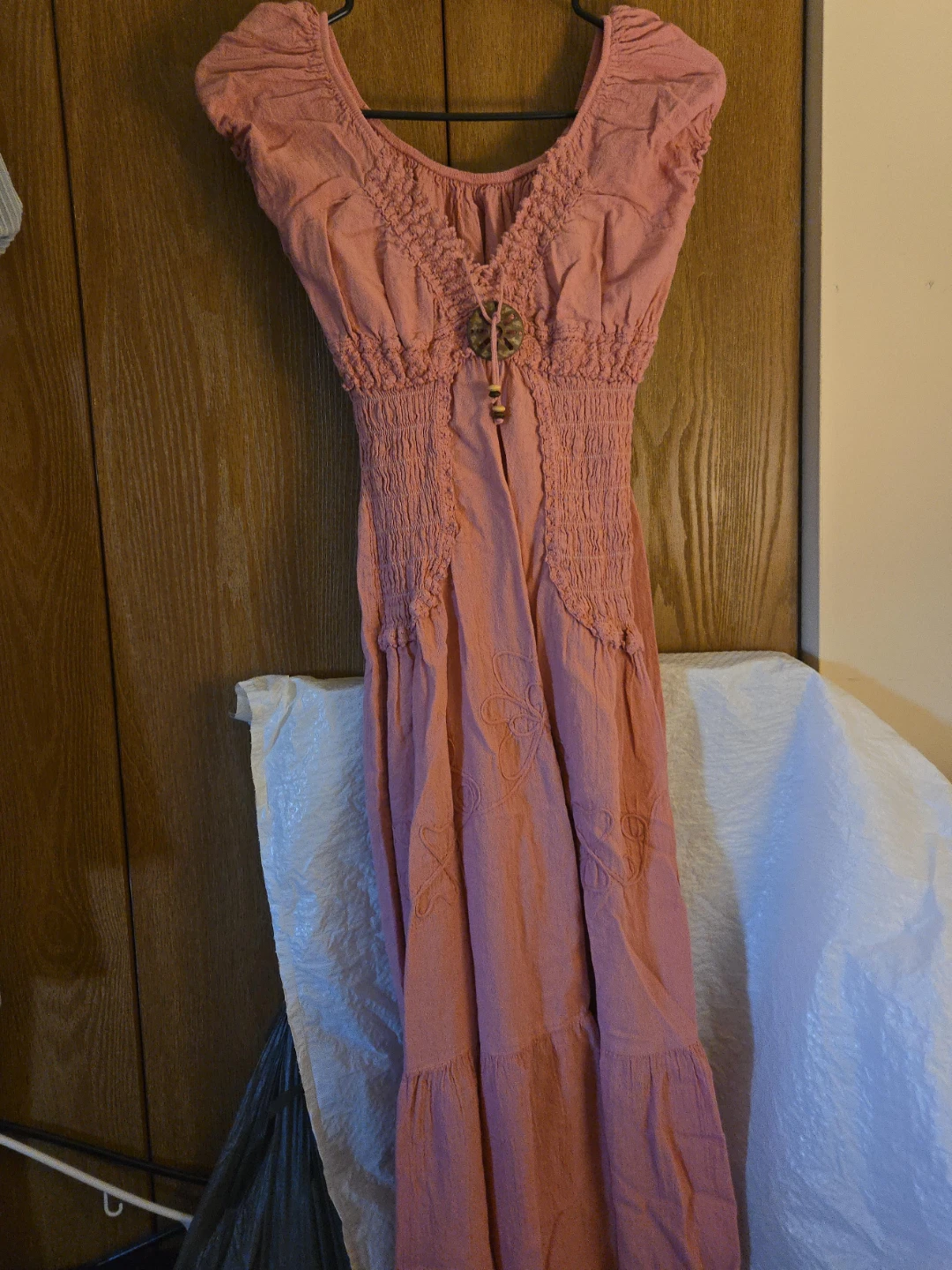 Pink Boho Maxi Dress with Smocked Bodice