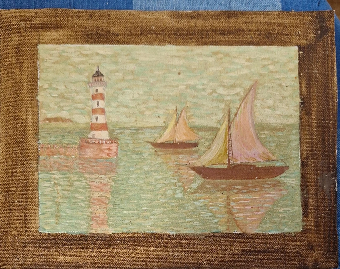 Vintage Lighthouse and Sailboats Oil Painting