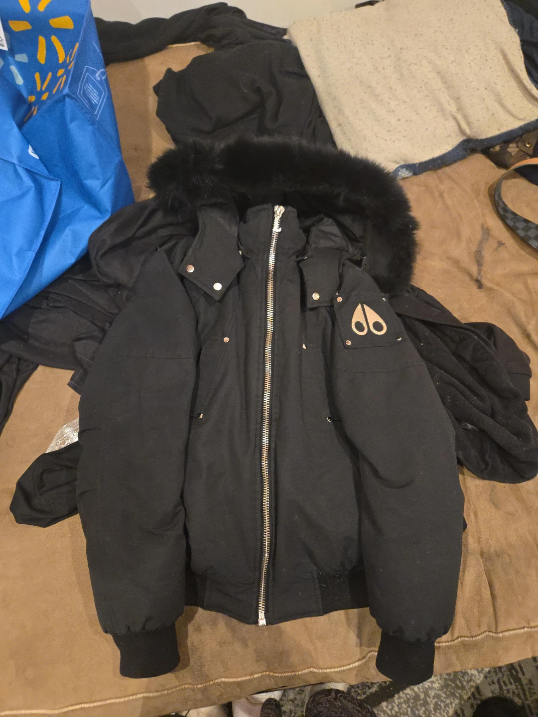 Moose Knuckles Black Bomber Jacket with black Fur Hood