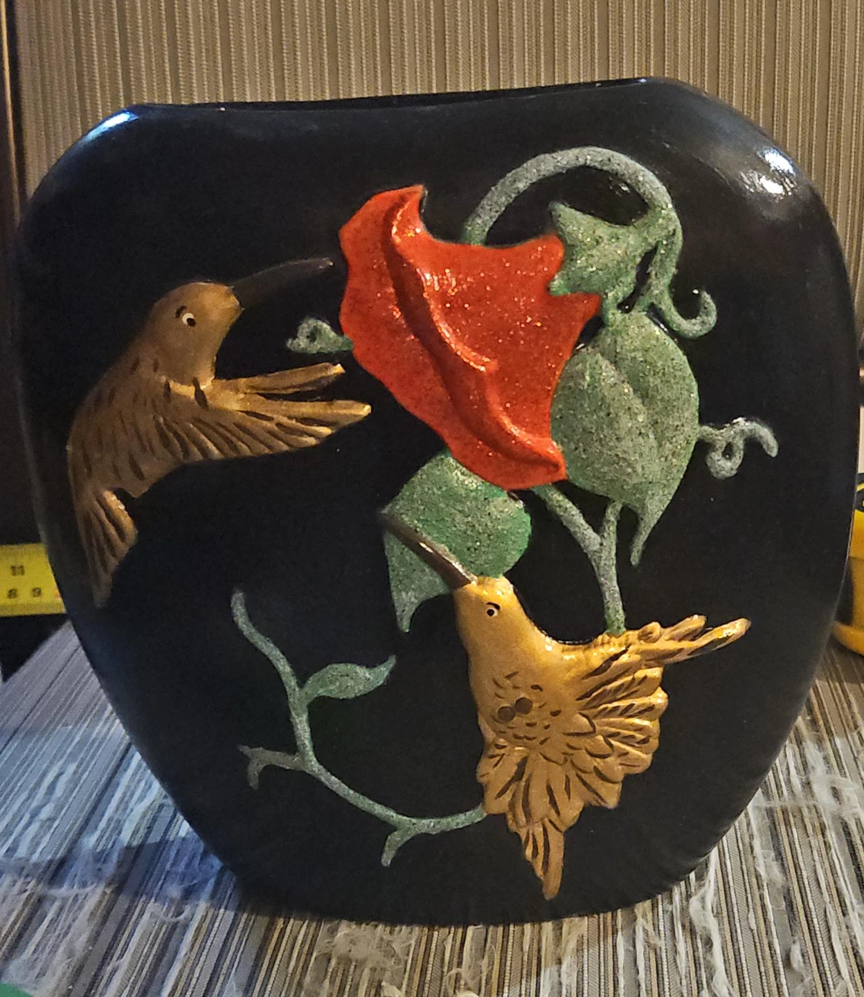 Black Vase with Hummingbird and Flower Design