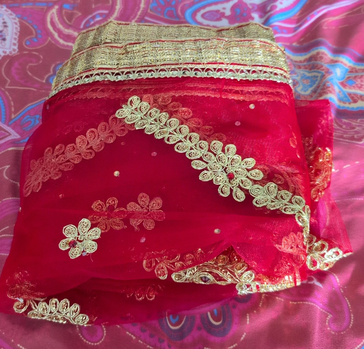 Red Dupatta with Gold Embroidery